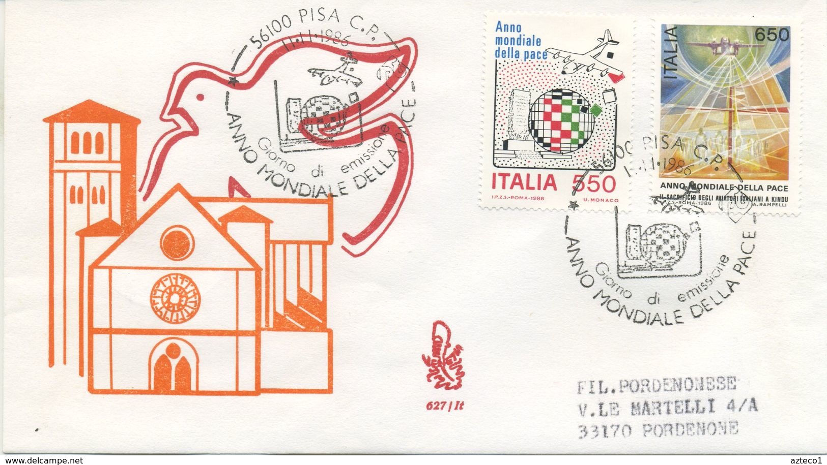 ITALIA - FDC  VENETIA  1986 - ANNO MONDIALE DELLA PACE - ANNULLO MARCOFILO - VIAGGIATA PER PORDENONE - FDC