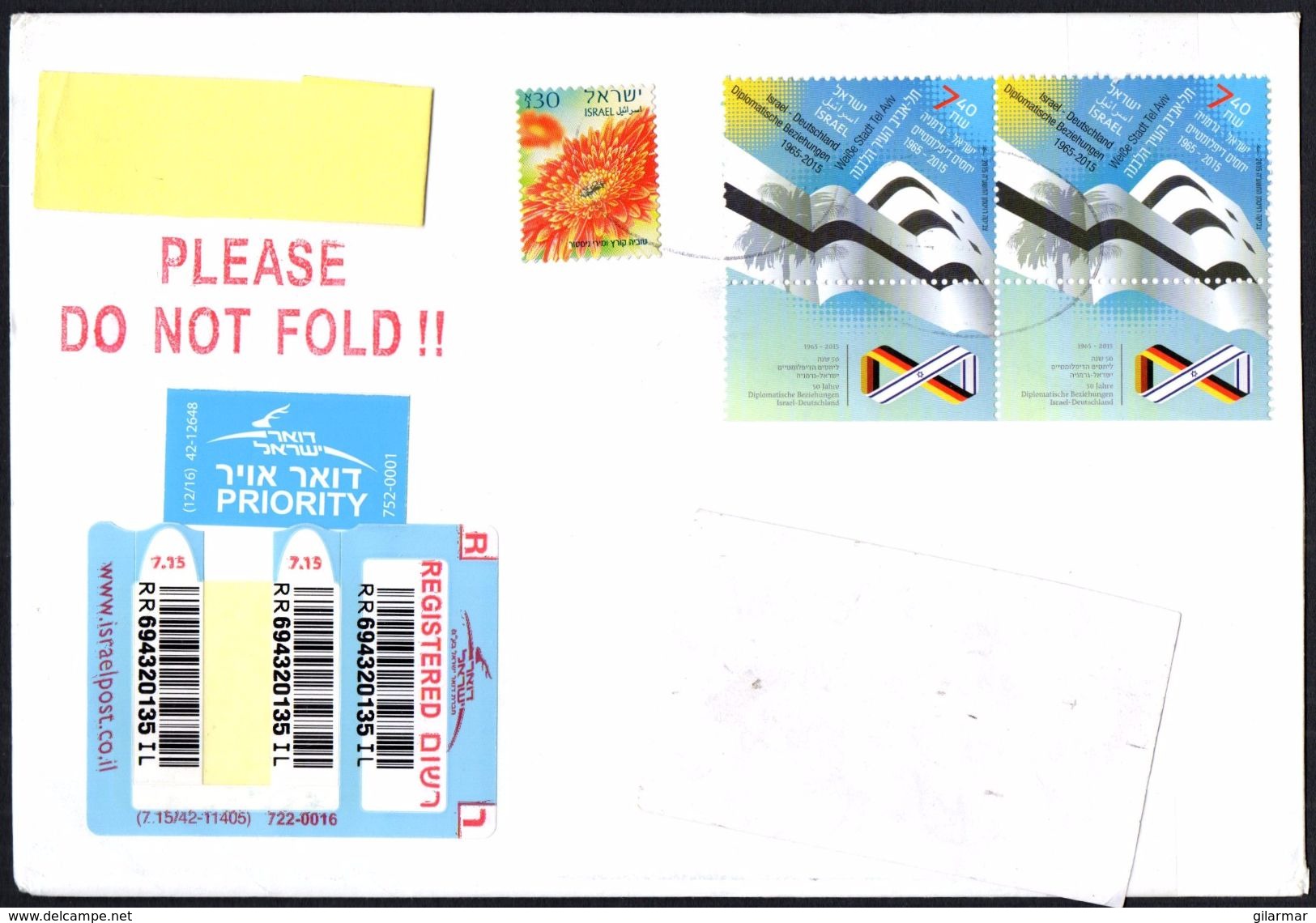 ISRAEL 2017 - REGISTERED ENVELOPE - 50th ANNIVERSARY OF DIPLOMATIC RELATIONS WITH GERMANY - Brieven En Documenten