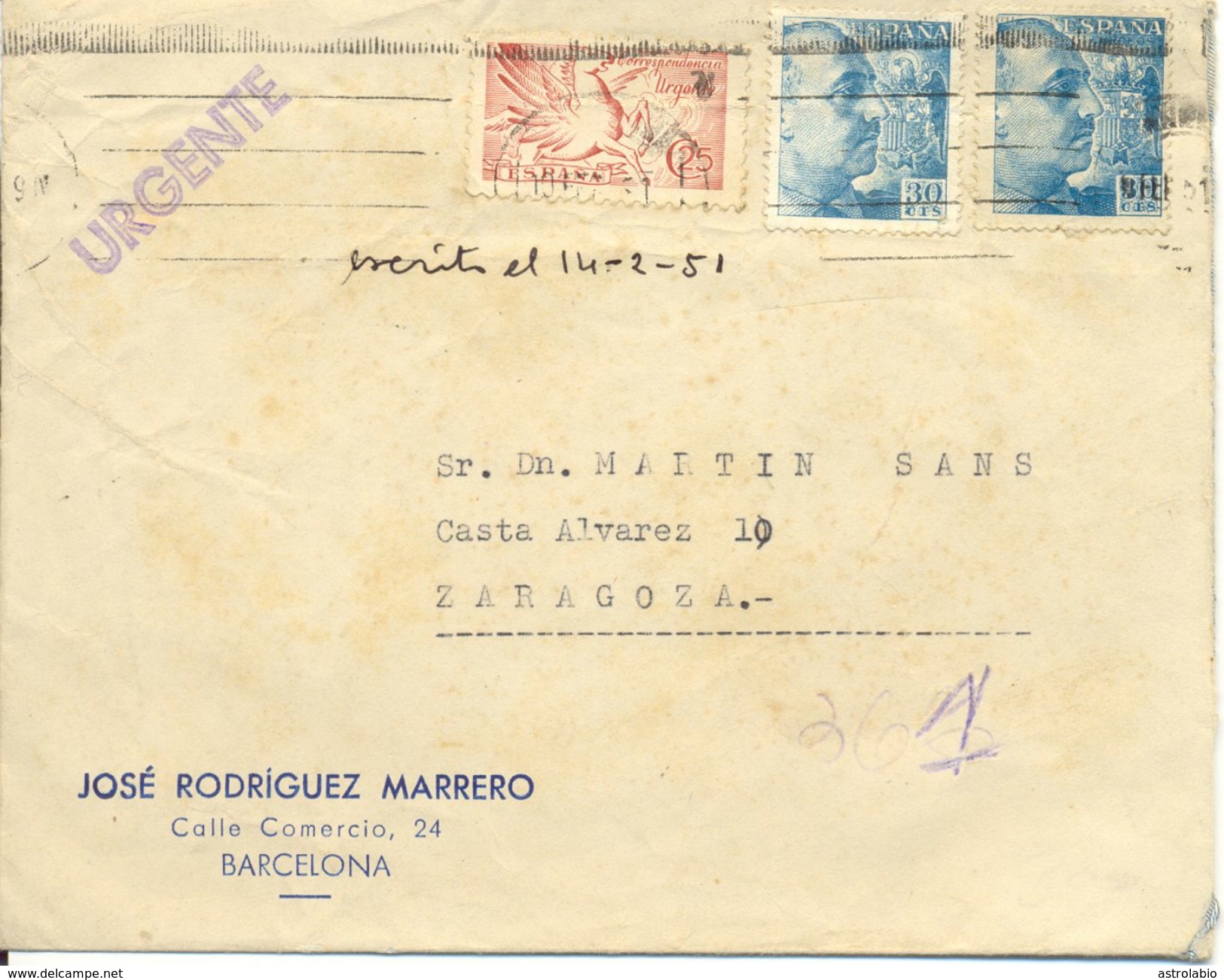 1951 " Carta De Barcelona A Zaragoza " Con Sello Urgente " Pegaso ". Llegada Ver 2 Scan - Exprès