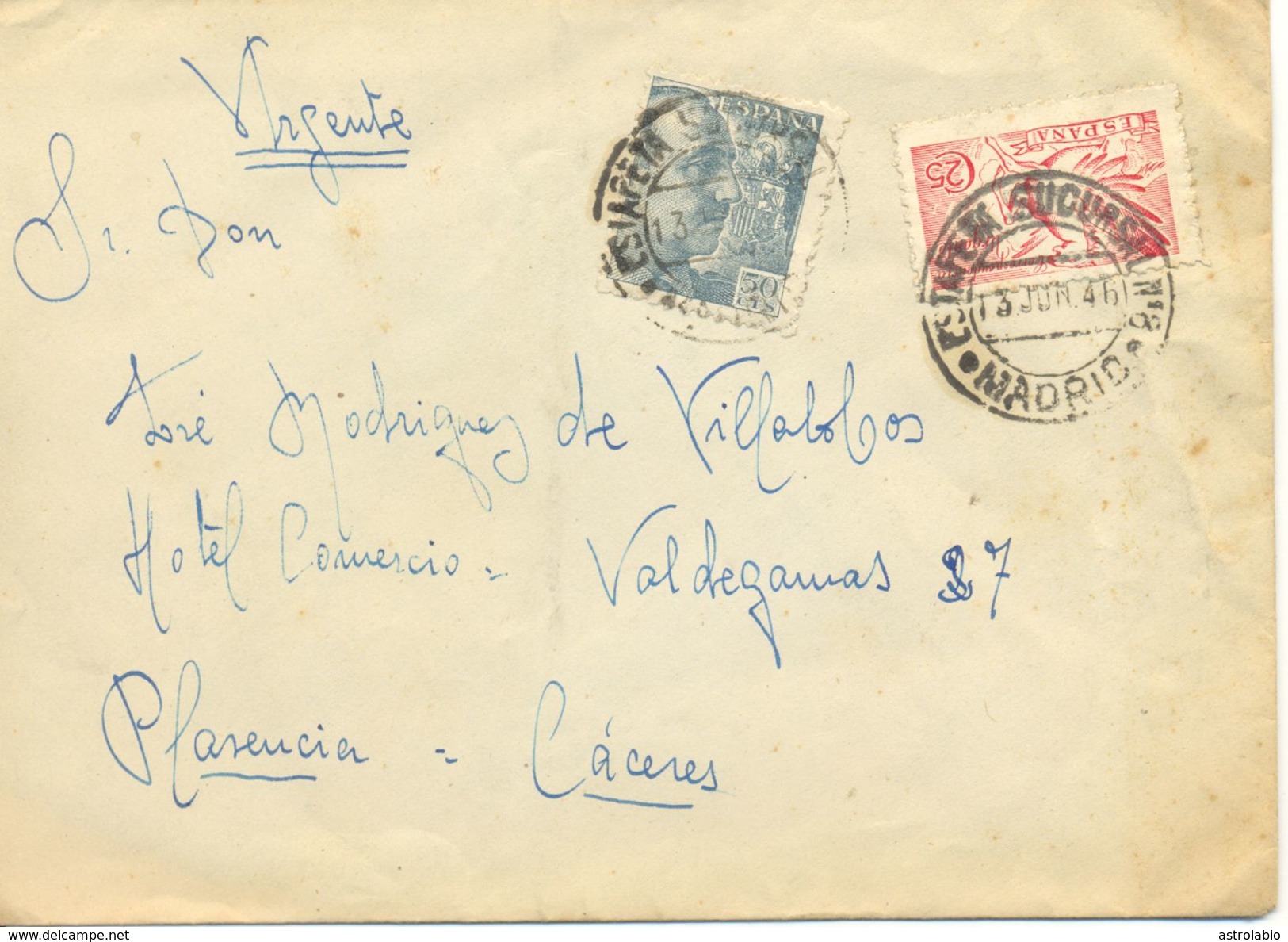 Carta De Madrid A Plasencia Con Sello Urgente Pegaso 1946, Tránsito Y Ambulante. Ver 2 Scan - Special Delivery