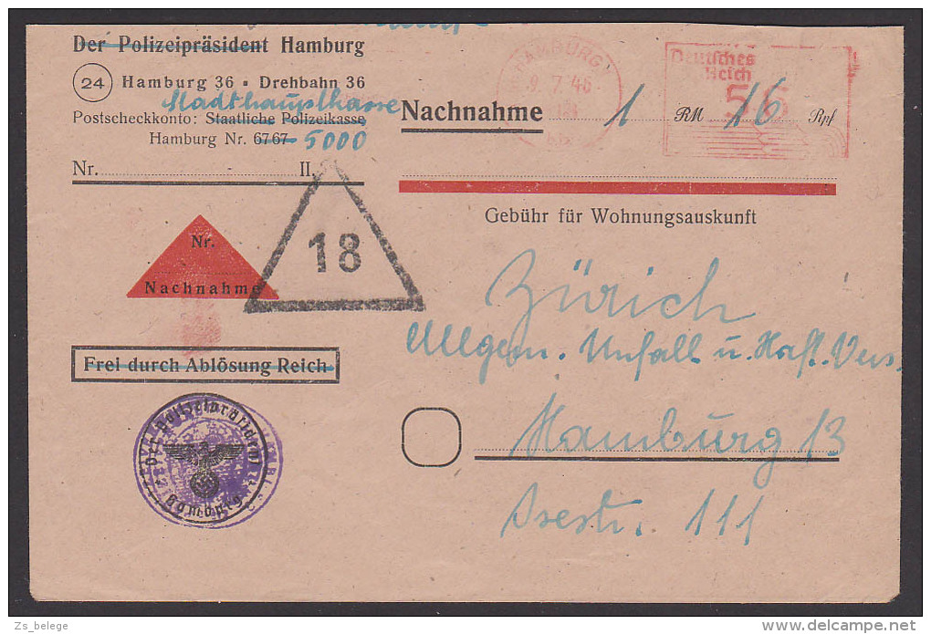 Hamburg Aptierter Post-Freistempel  4.7.46, Abs. Stadthauptkasse, Nachnahme, Vordruckbf Frei Durch Ablösung Apt. Hoheits - Sonstige & Ohne Zuordnung