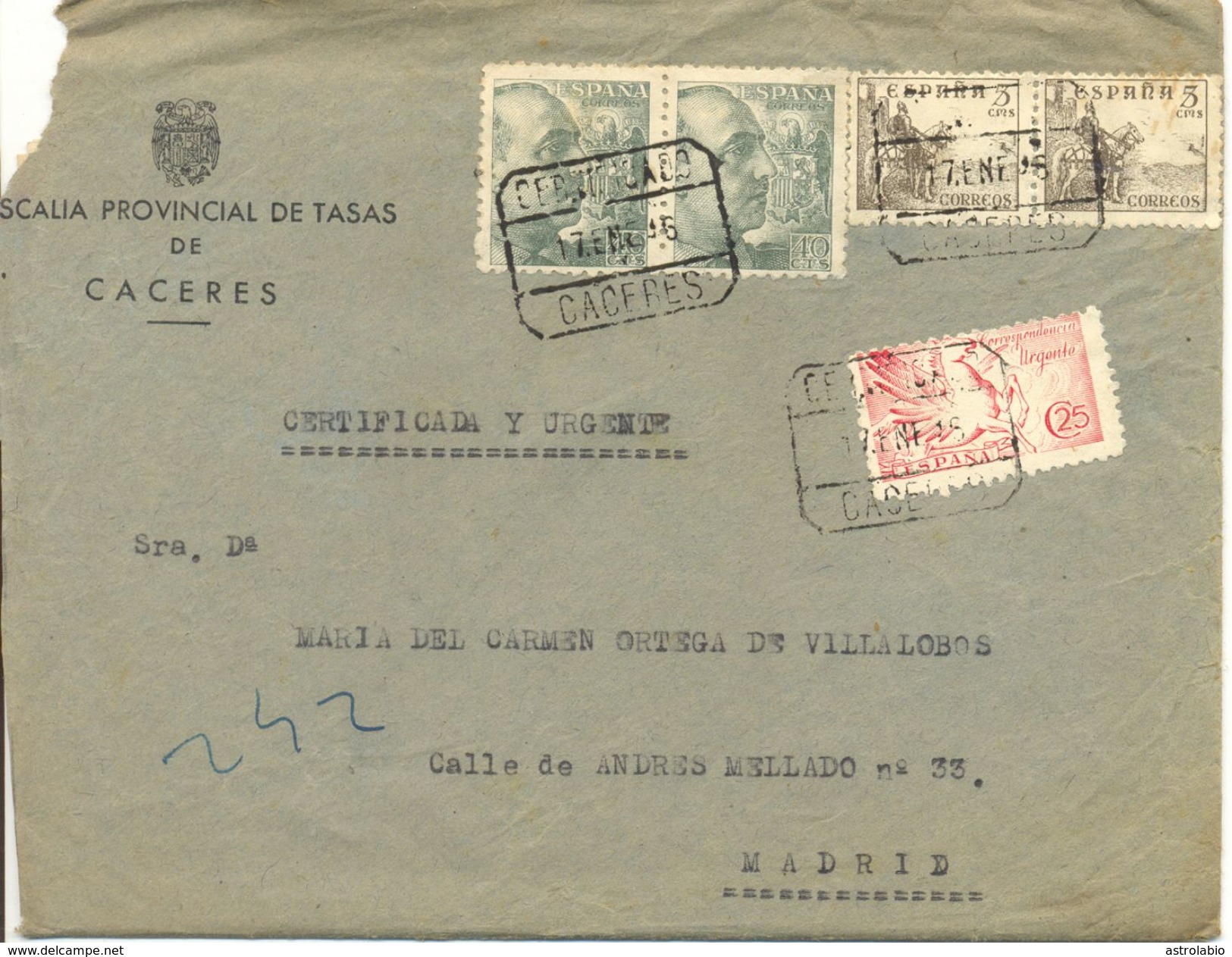 1946 " Certificado De Cáceres A Madrid " Con Sello Urgente " Pegaso ", Llegada. Conserva Texto. Ver 2 Scan - Exprès