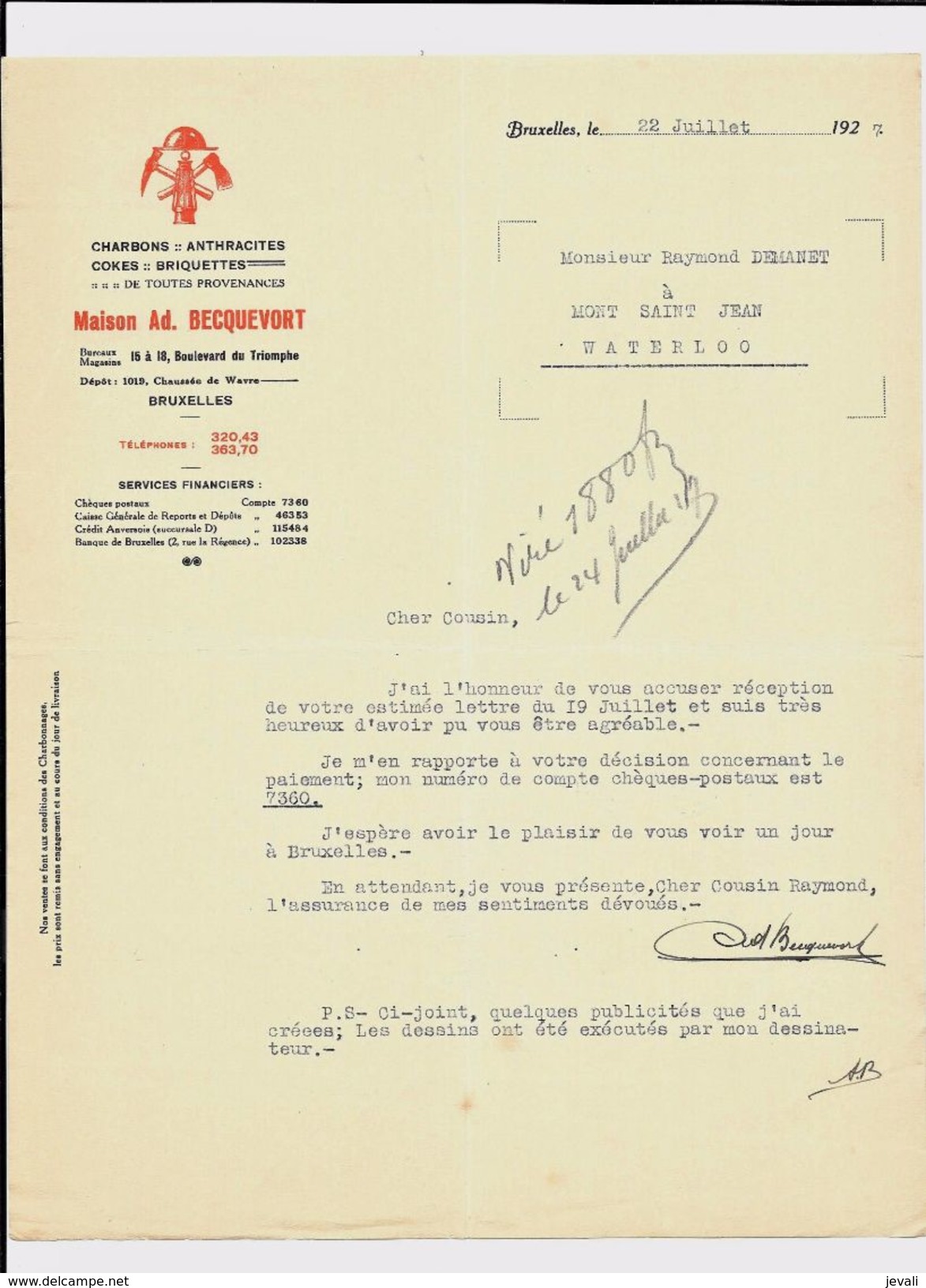 BRUXELLES  Maison  Becquevort  Ad.  ( Charbons )  1927 - Andere & Zonder Classificatie