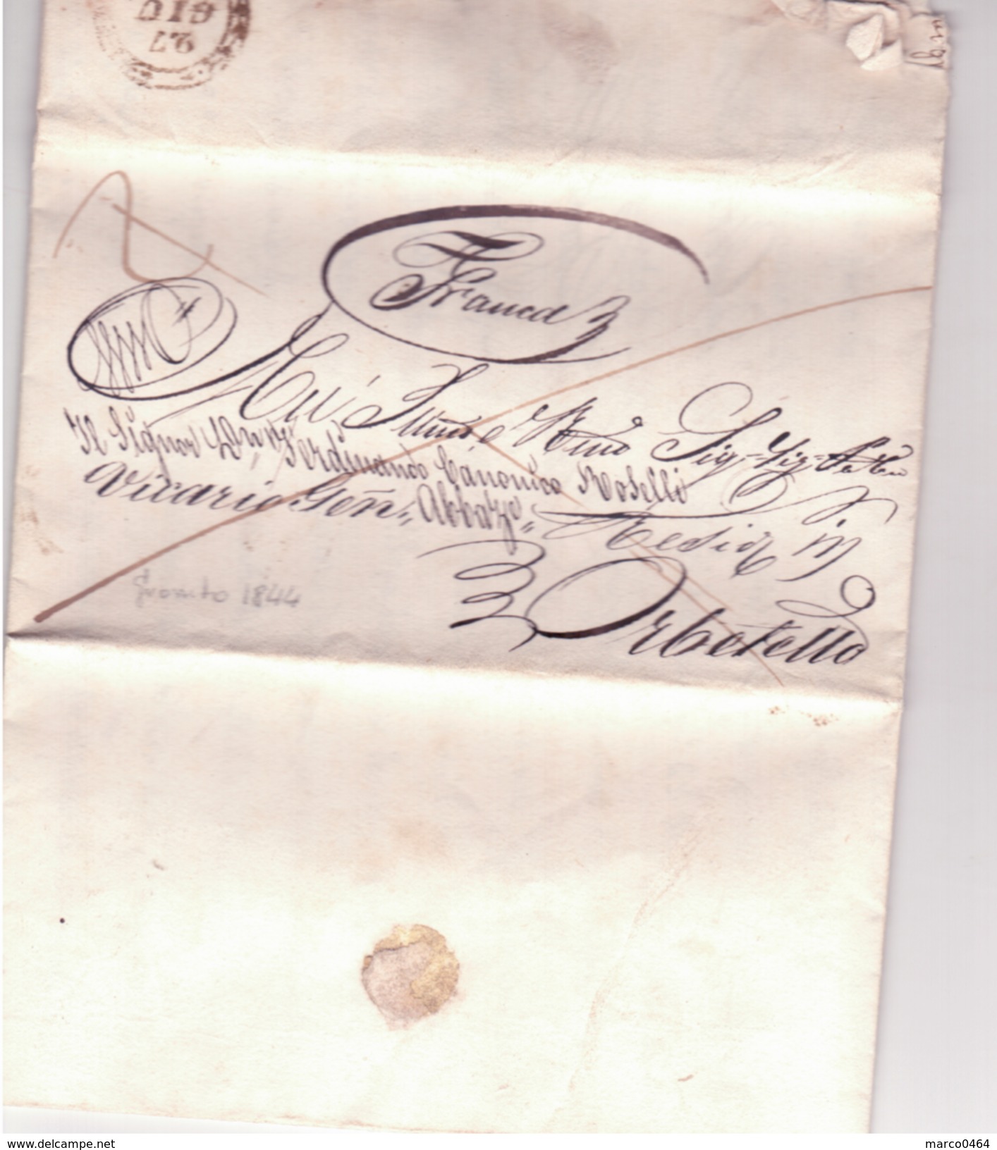 Lettera Da Grosseto A Orbetello 1844  Francasciupata Lateralmente   C584 - ...-1850 Préphilatélie