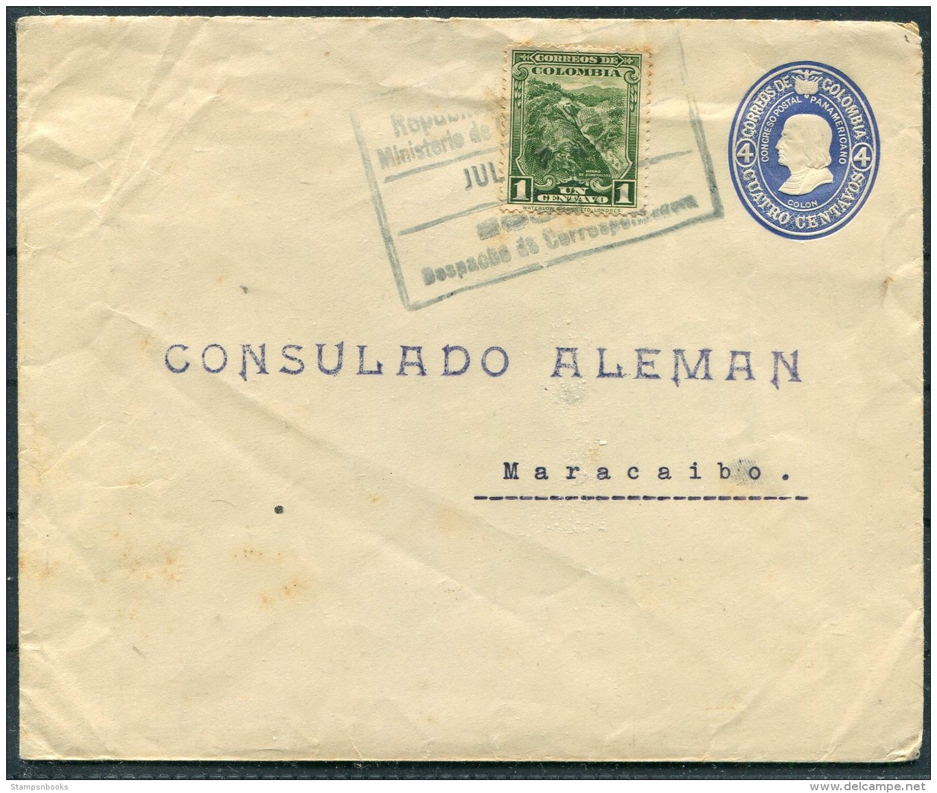 1932 Colombia Bogota Uprated Stationery Cover - German Consulate, Consulado Aleman, Maracaibo - Colombia