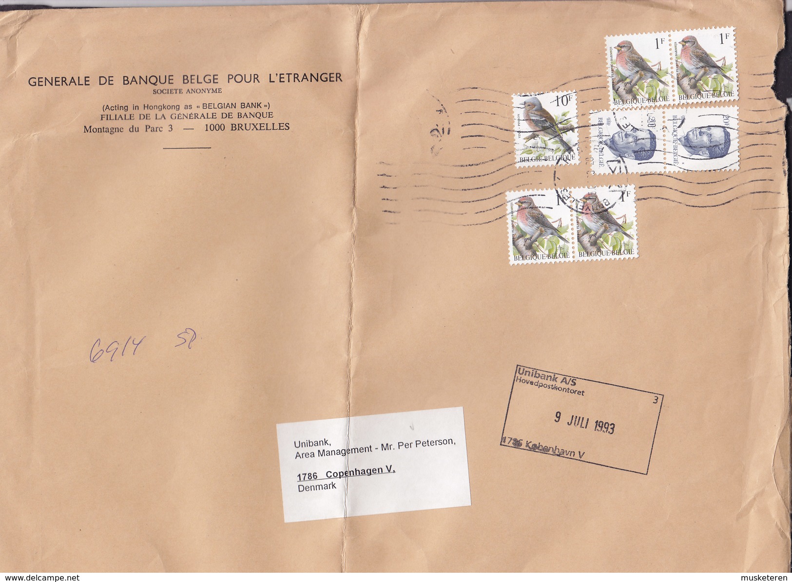 Belgium GENERALE BANQUE BELGE L'ETRANGER, BRUXELLES 1993 Cover Lettre Denmark 5x Bird Vogel Oiseau Timbres - Barbades (1966-...)