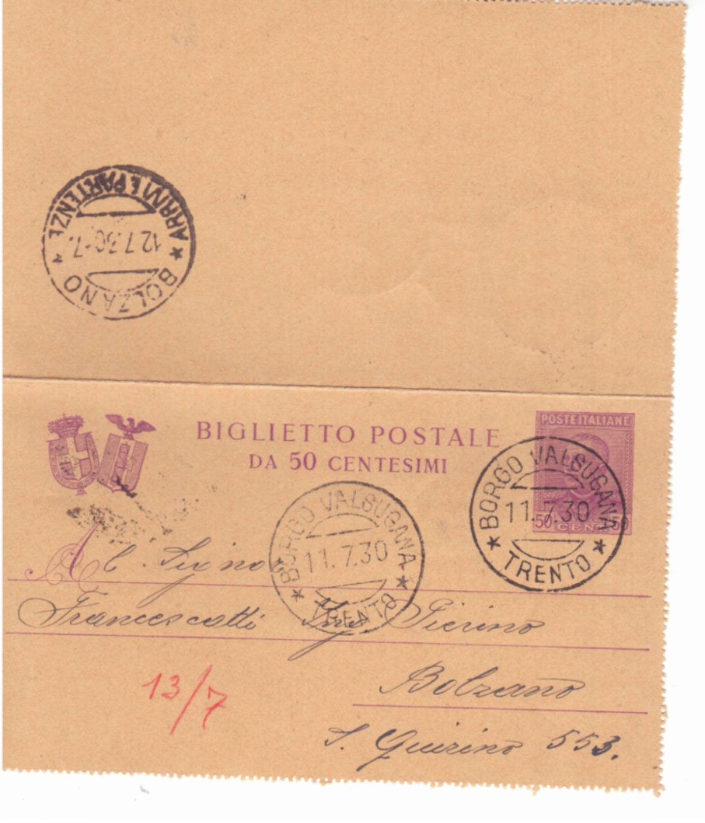 Biglietto Postale Da 50c Due Stemmi Da Borgo Valsugana  1930   G291 - Interi Postali