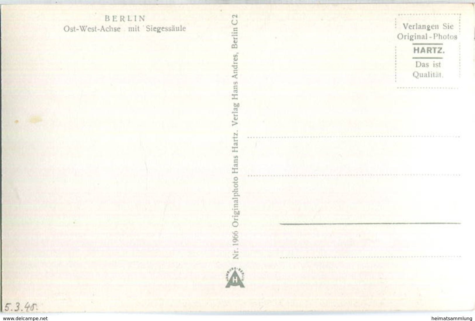 Berlin - Ost-West-Achse Mit Siegessäule - Foto-Ansichtskarte - Verlag Hans Andres Berlin - Dierentuin