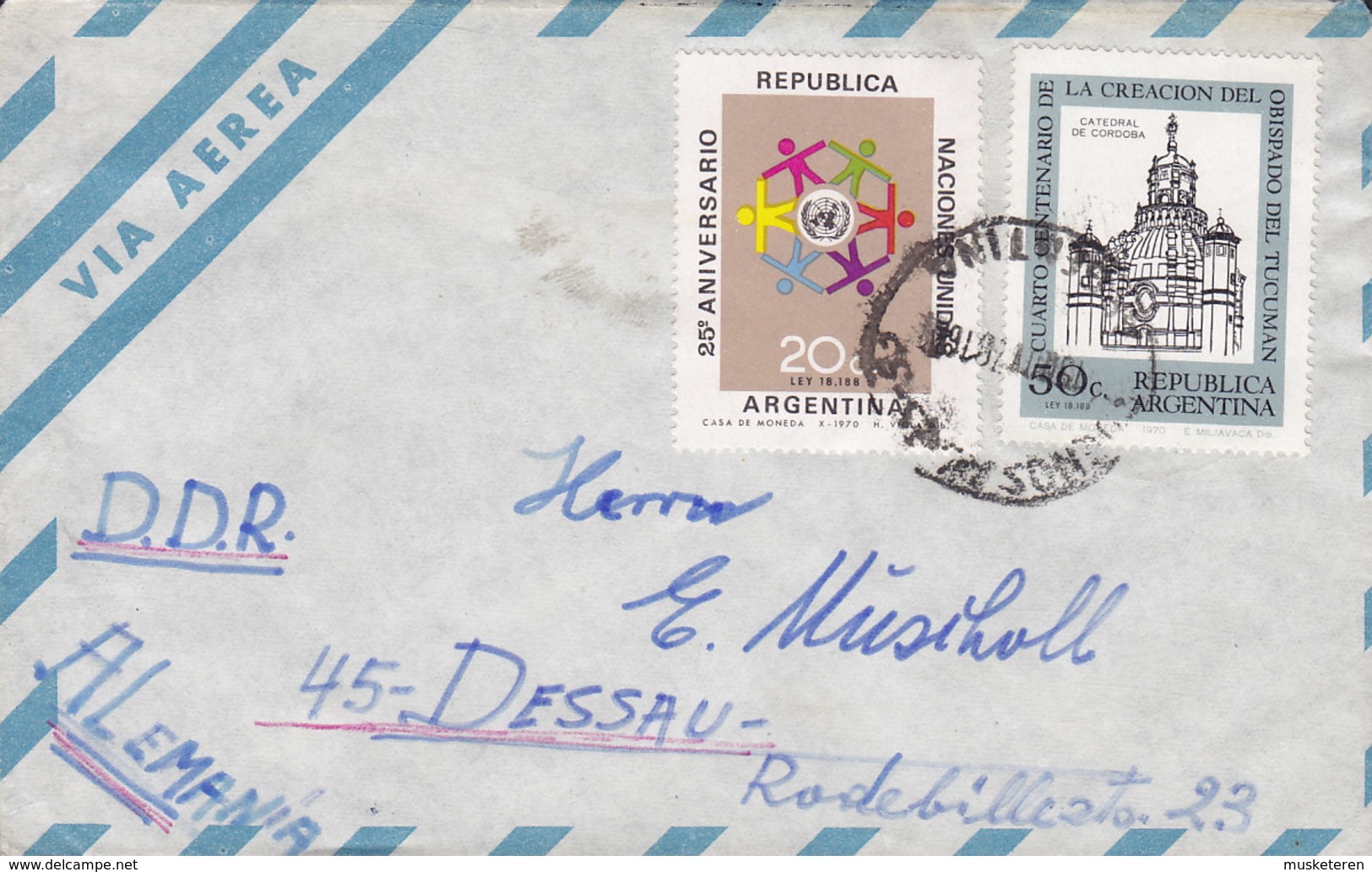 Argentina Via Aerea BUENOS AIRES 1970 Cover Brief Germany DDR United Nations & Obispado Del Tucuman Stamps - Briefe U. Dokumente