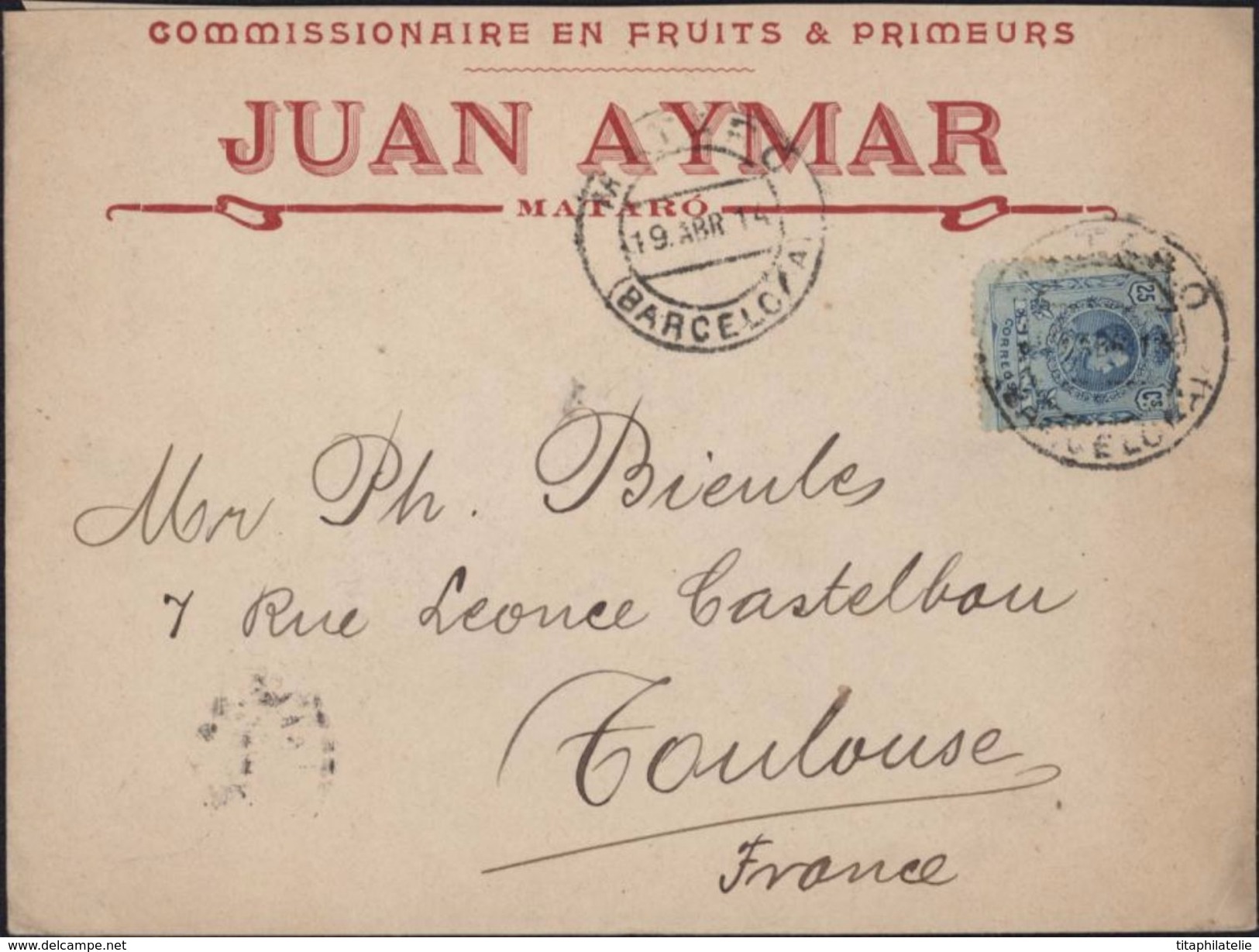 Enveloppe Illustrée Juan Aymar Mataro Comissionnaire Fruits Et Primeurs Comisionista En Frutas YT 248 - Cartas & Documentos