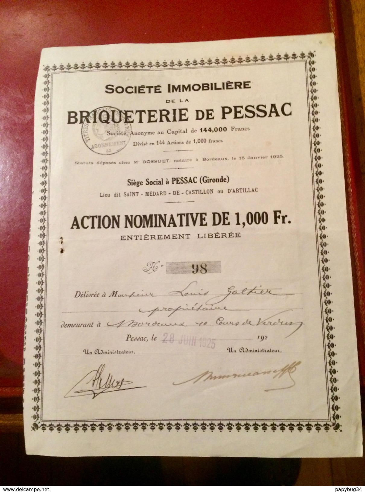 Sé   IMMOBILIÈRE  De  La  BRIQUETERIE  De  PESSAC  --------Action  Nominative  De  1.000 Frs - Industrie