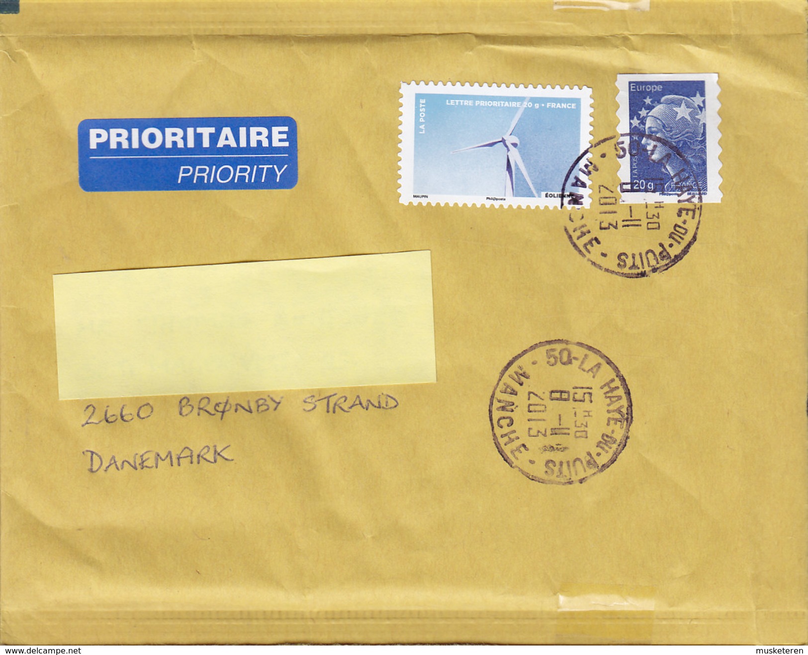 France PRIORITAIRE Priority Label LA HAYE Du PUITS 2013 Cover Lettre BRØNDBY STRAND Denmark 2-Sided Marianne Beaujard - 2008-2013 Marianne Of Beaujard
