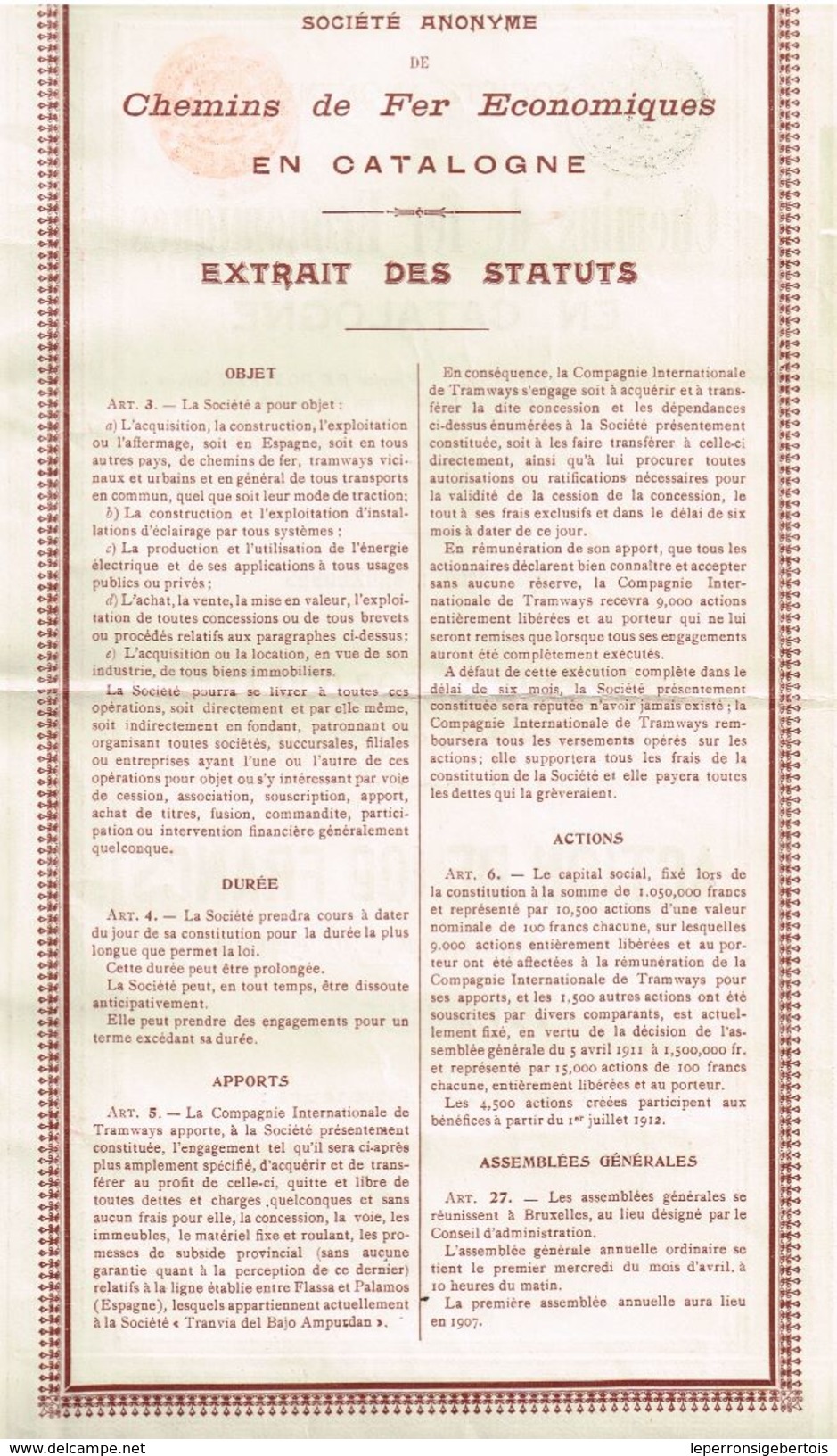 Action Ancienne - Sté Anonyme Des Chemins De Fer Economiques En Catalogne -Titre De 1912 - Bahnwesen & Tramways