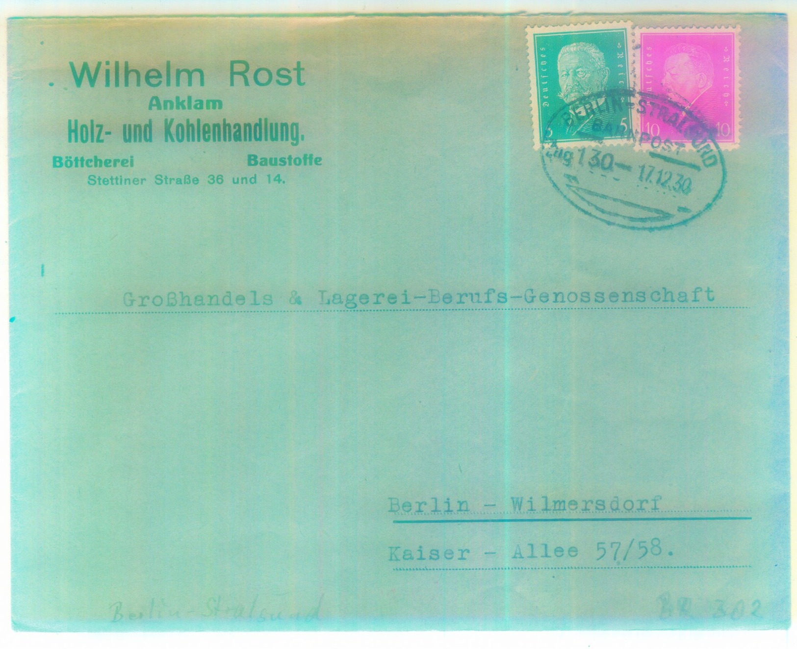 Bahnpoststempel "BERLIN-STRALSUND" 1930 Fernbrief Aus Anclam - Maschinenstempel (EMA)