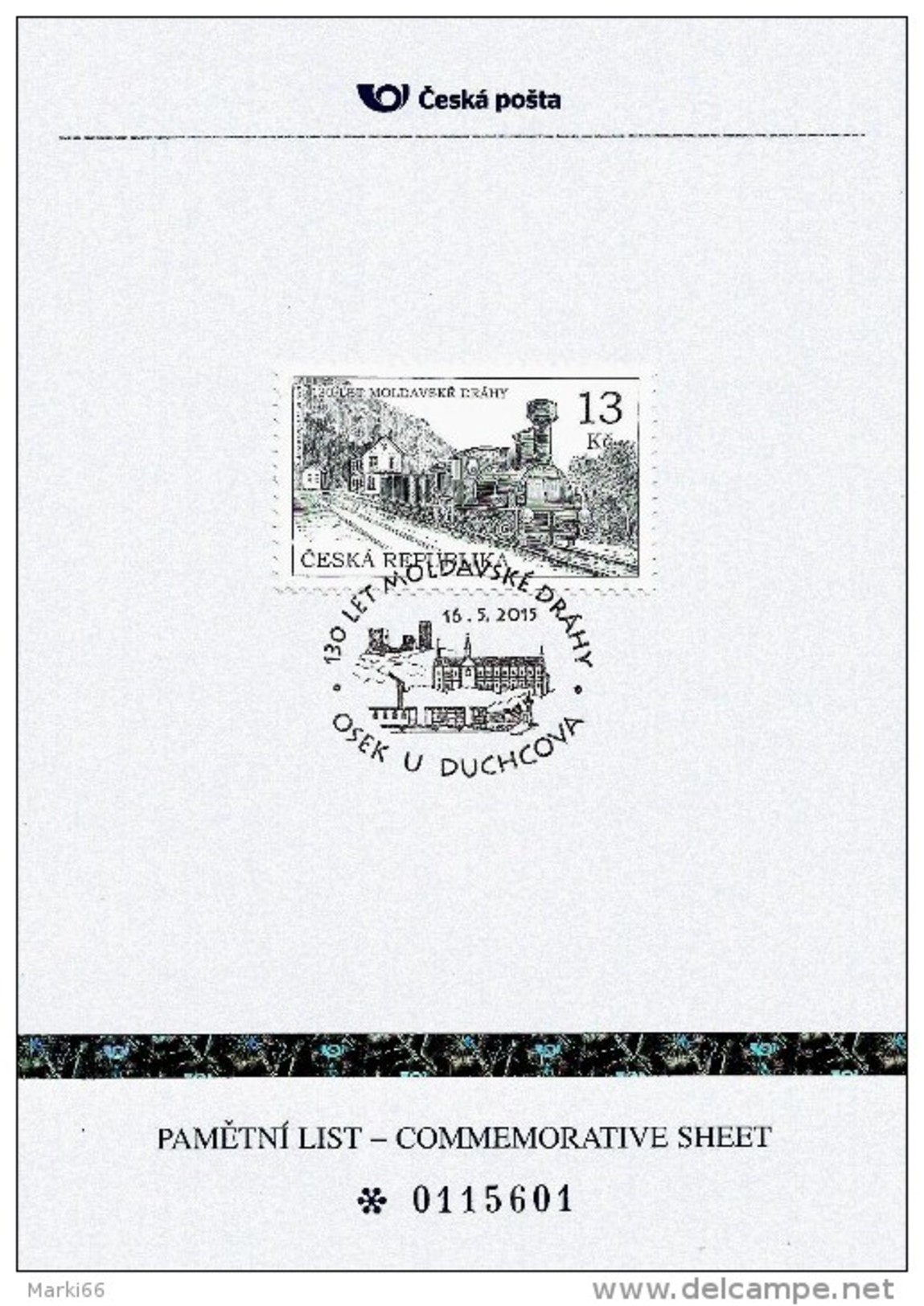 Czech Republic - 2015 - 130 Years Of The Moldava-Saxony Railway - Osek Postmark - Commemorative Sheet With Hologram - Lettres & Documents