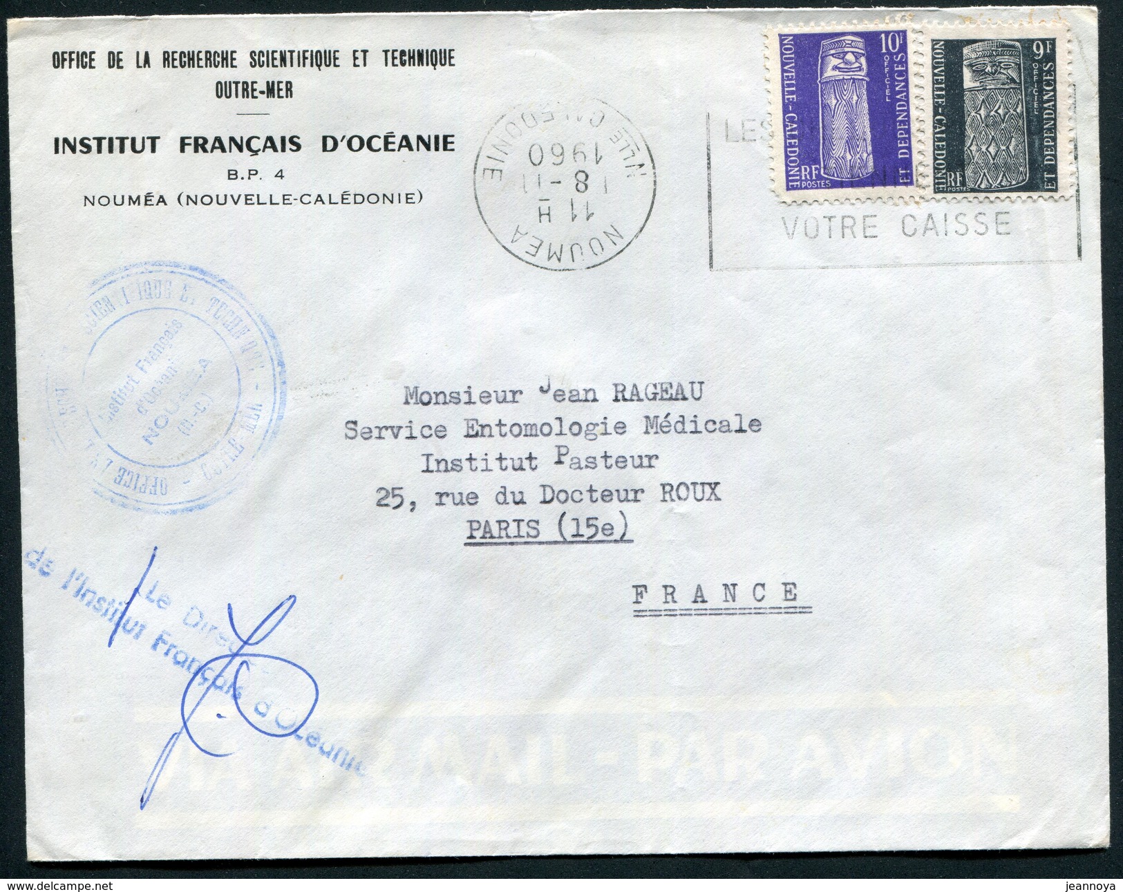 NOUVELLE CALEDONIE - SERVICE N° 5 + 6 / SUR LETTRE AVION DE NOUMEA LE 8/11/1960 POUR PARIS - TB & RARE - Service