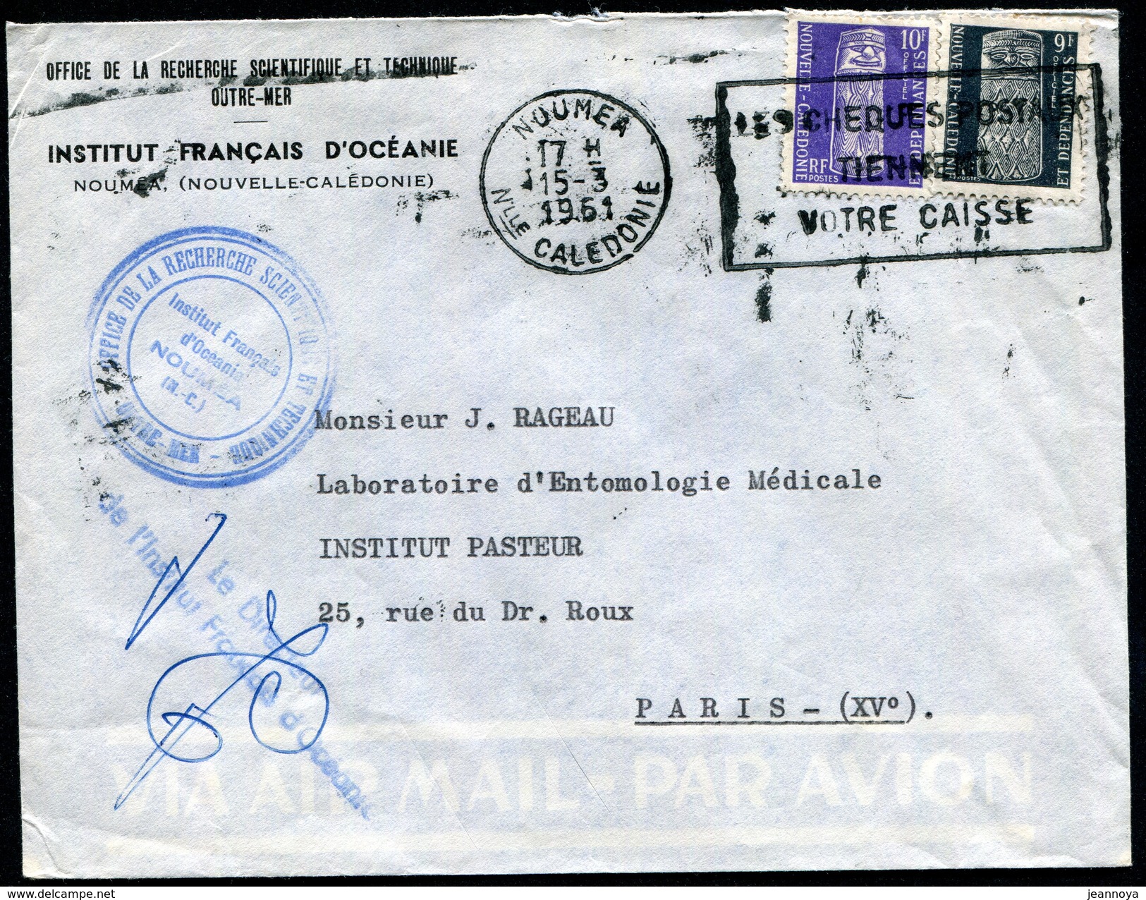 NOUVELLE CALEDONIE - SERVICE N° 5 + 6 / SUR LETTRE AVION DE NOUMEA LE 15/3/1961 POUR PARIS - TB & RARE - Service