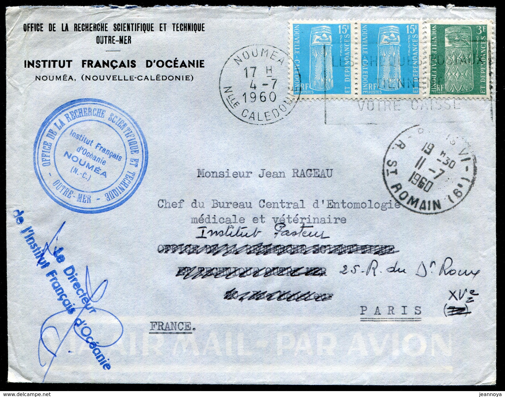 NOUVELLE CALEDONIE - SERVICE N° 2 + 8(2) / SUR LETTRE AVION DE NOUMEA LE 4/7/1960 POUR PARIS - TB & RARE - Officials