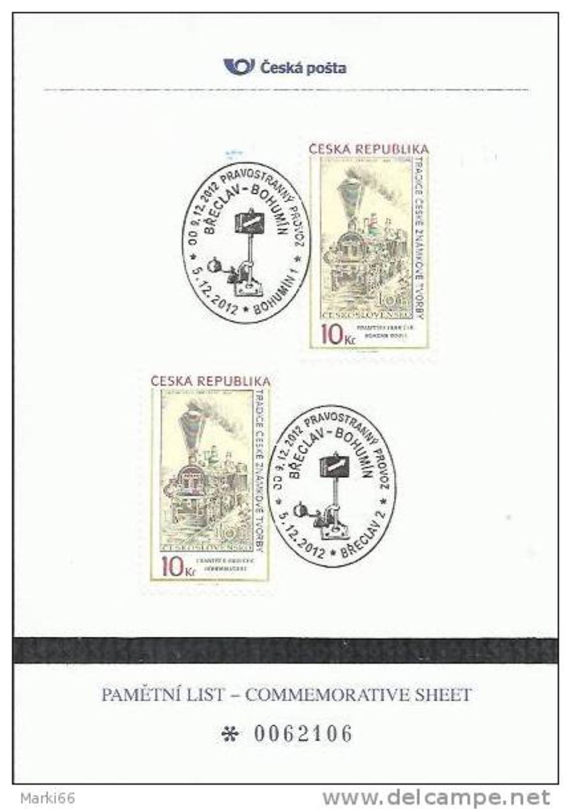 Czech Republic - 2012 - Introduction Of Right-hand Traffic On Breclav-Bohumin Railway Link - Special Commemorative Sheet - Brieven En Documenten