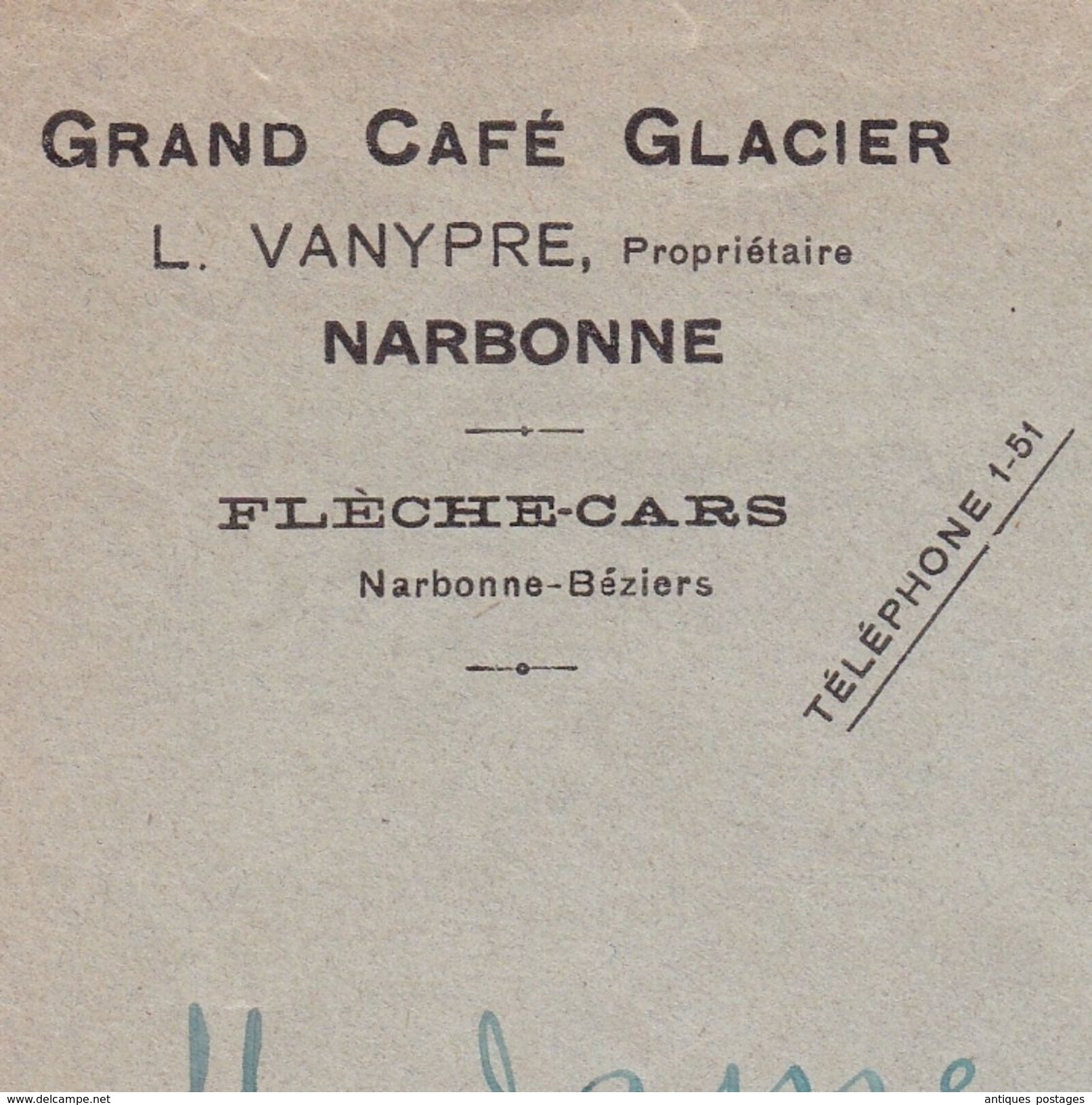 Lettre 1931 Timbre Pasteur Narbonne Aude Grand Café Glacier Flèche Cars Avec Correspondance Vanypre - 1922-26 Pasteur