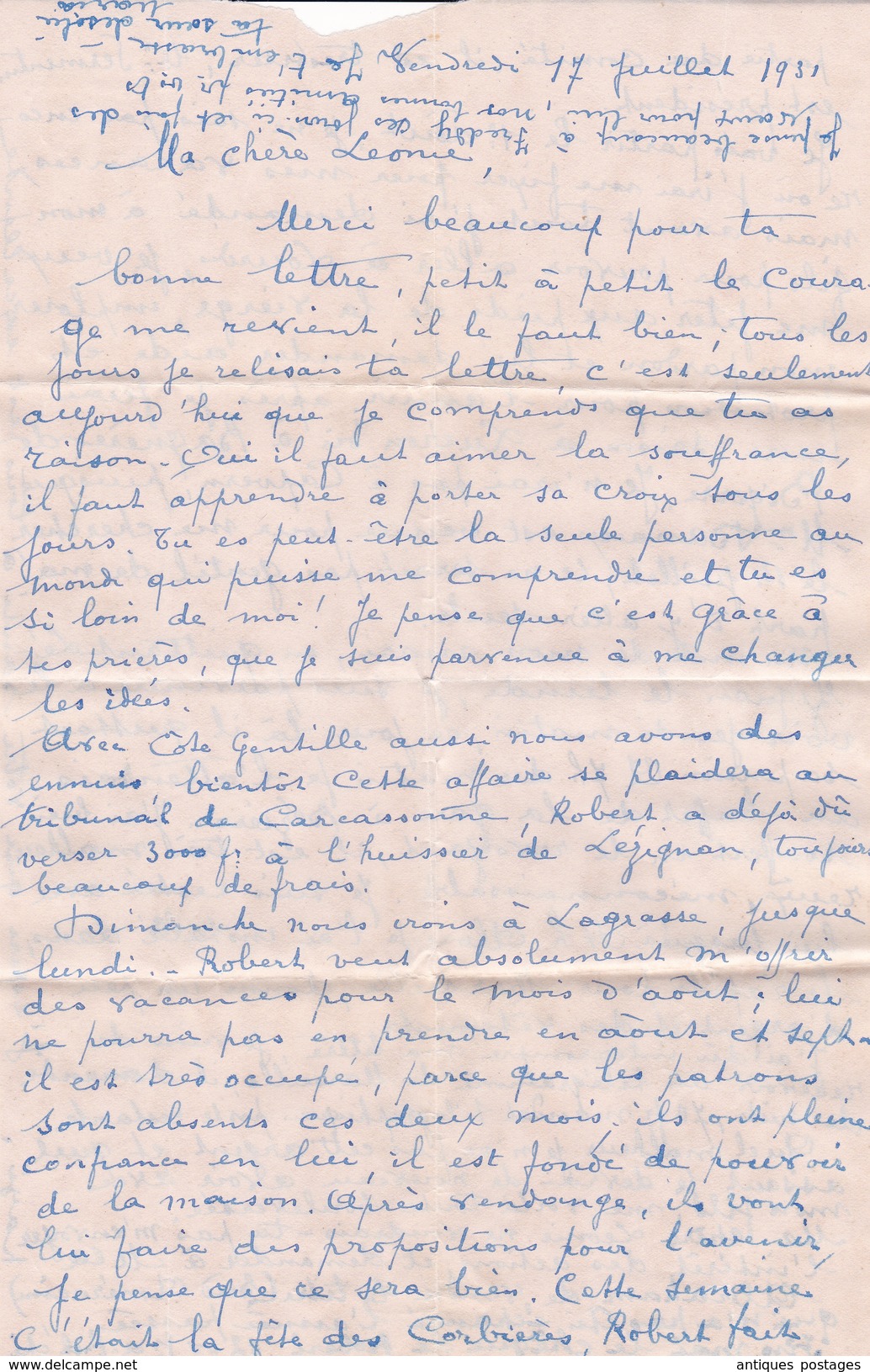 Lettre 1931 Timbre Pasteur Narbonne Aude Grand Café Glacier Flèche Cars Avec Correspondance Vanypre - 1922-26 Pasteur