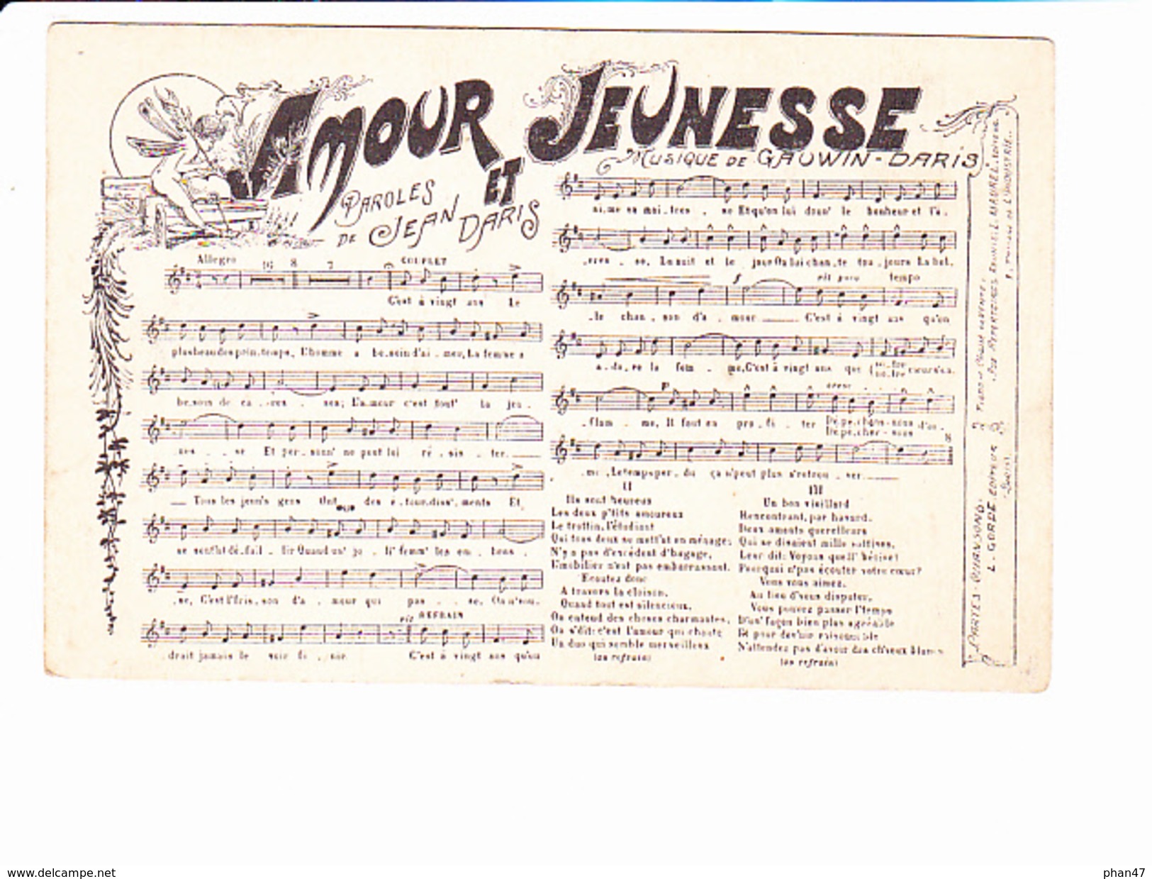 JEAN DARIS, Chanson / Partition "Amour Et Jeunesse", Musique Gauwin DARIS, Angelot, Ed. L. Gorde 1910 Environ - Other & Unclassified