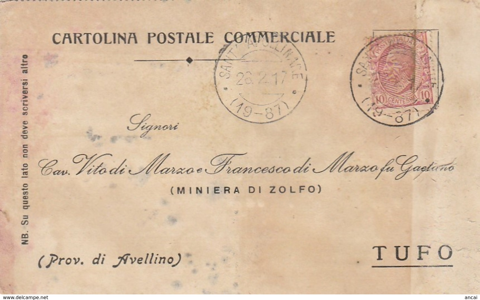 Sant'Apollinare. 1917. Annullo Frazionario ( 19 - 87 ),  Su Cartolina Postale - Marcofilie