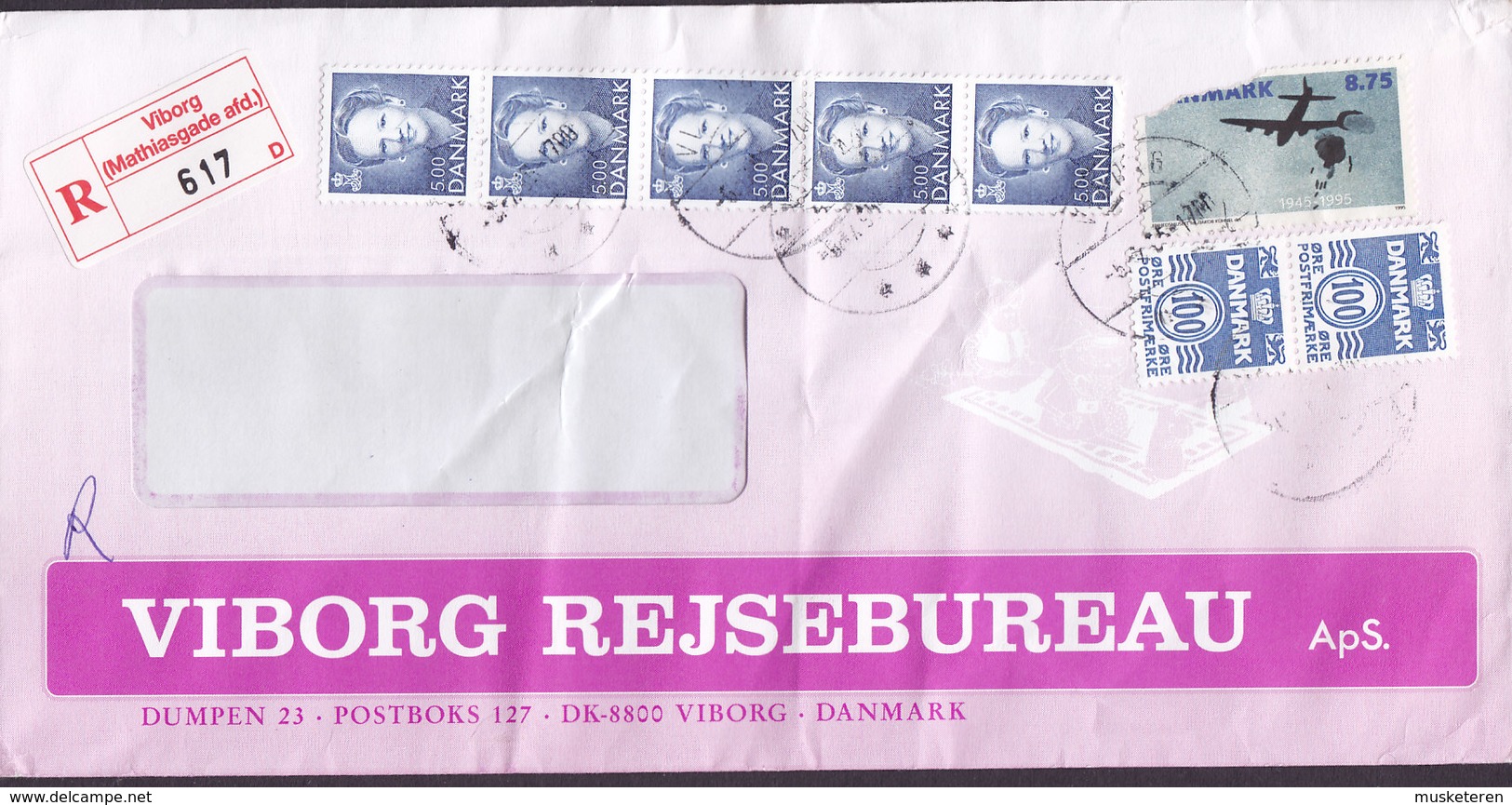 Denmark VIBORG REJSEBUREAU Registered Einschreiben Label VIBORG (Mathiasgade Afd.) VIBORG 1995 Cover Brief 5-Stripe - Briefe U. Dokumente