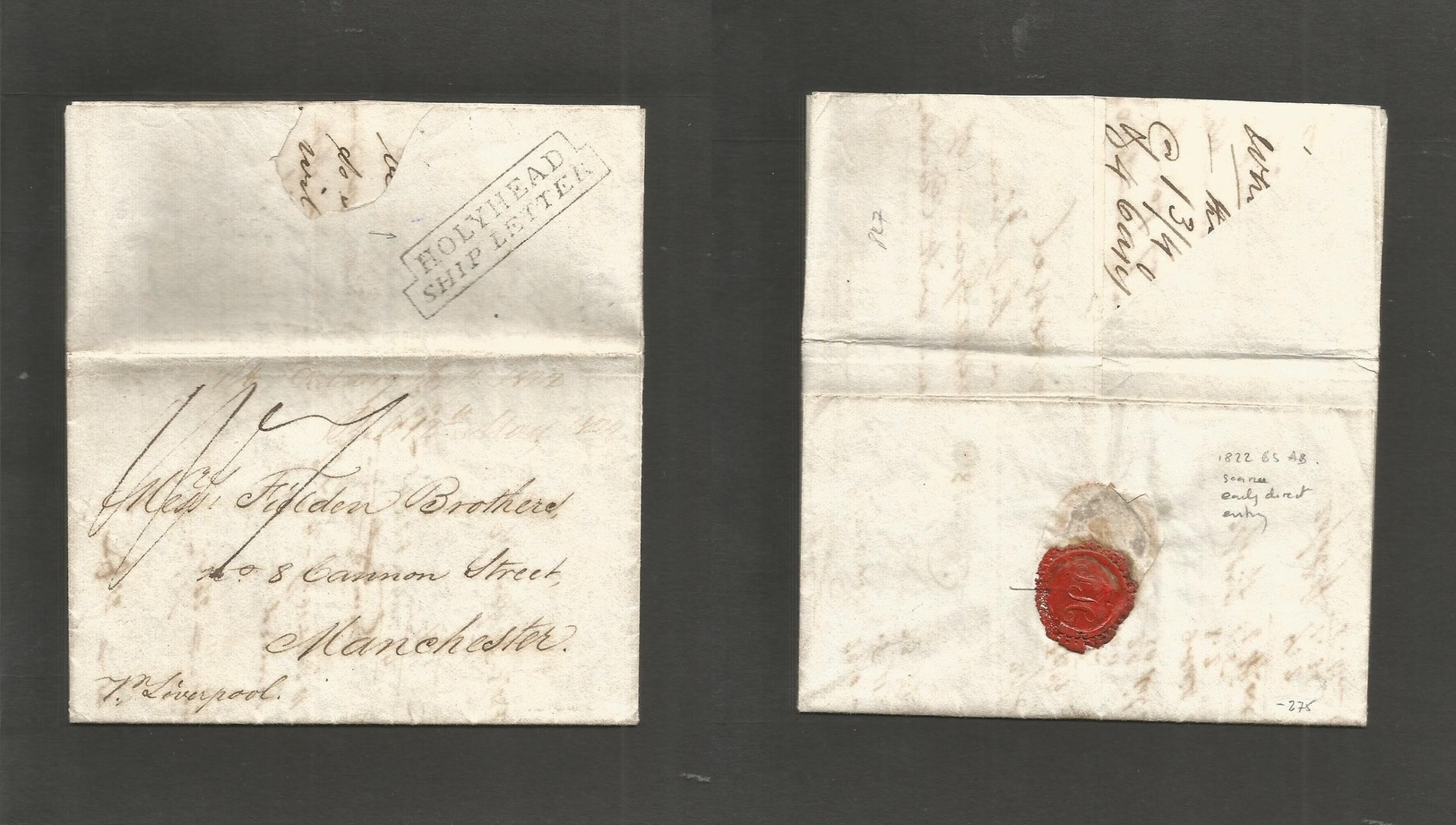 Argentina. 1822 (Jan 19) Buenos Aires - UK, Manchester. "Via Liverpool" But Reverse Holyhead / Ship Letter (xxx/R) + Mns - Other & Unclassified