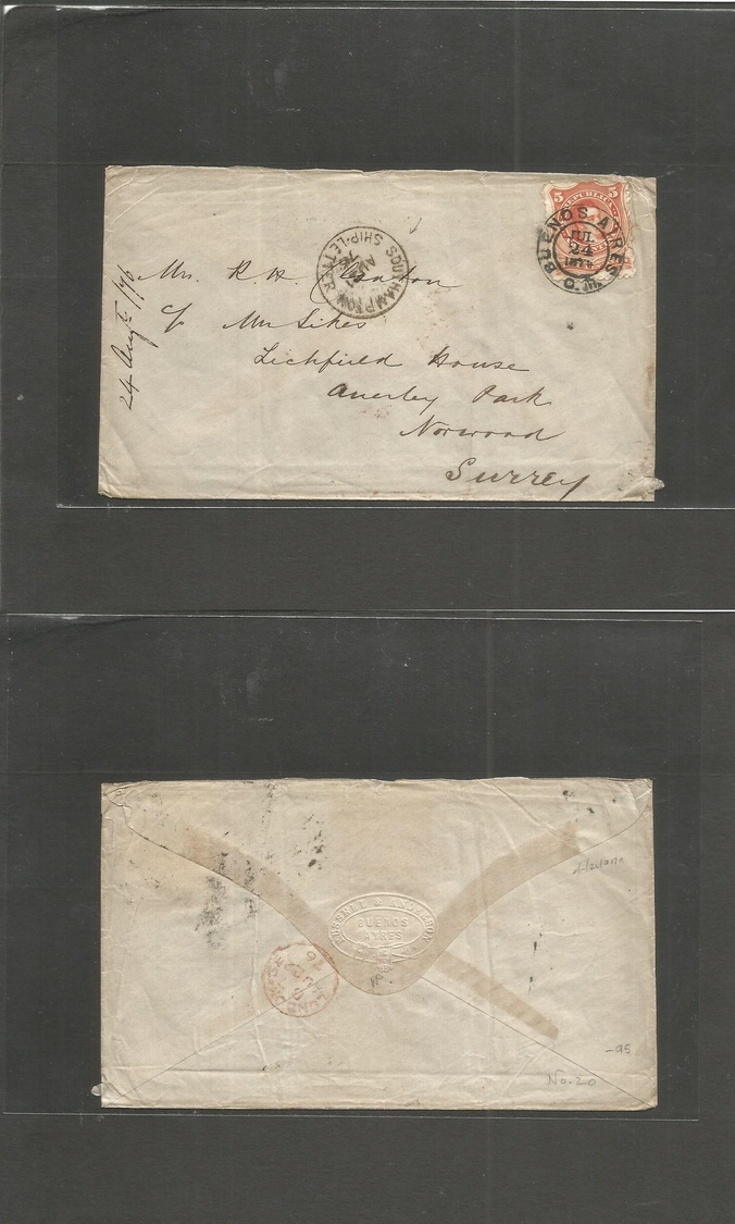 Argentina. 1875 (24 Julio) Buenos Aires Oficina Maritima - UK, Surrey, Norwood. Fkd 5c Vermilion Envelope Cds Via Southa - Other & Unclassified