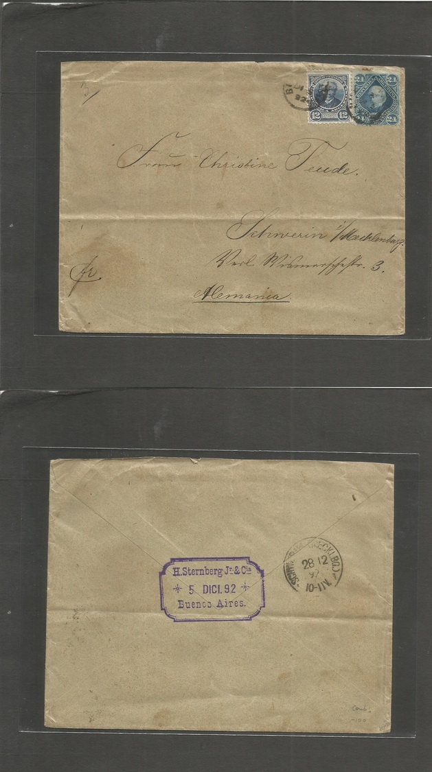 Argentina. 1892 (Dic 5) Buenos Aires - Germany, Schwerih (28 Dec) Fkd Env + 12c + 24 Mixed Issues Both Blue Stamps. Extr - Other & Unclassified