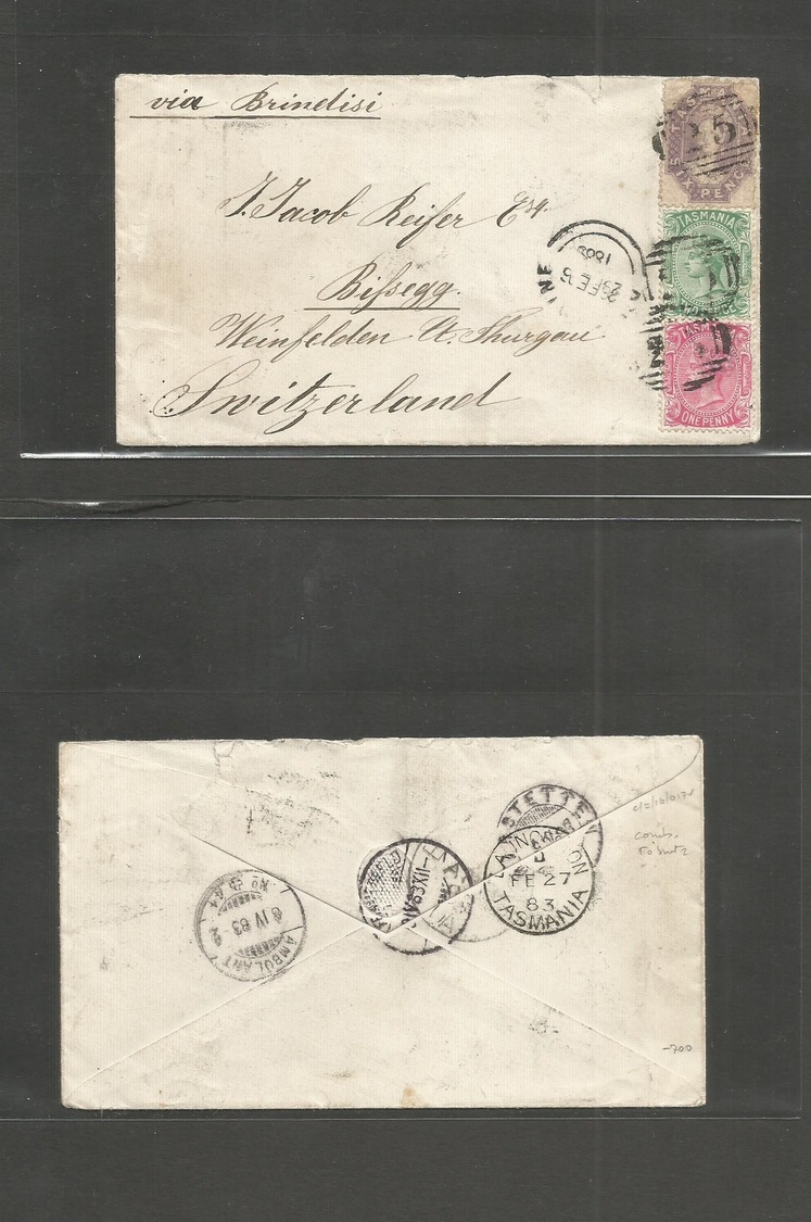 Australia. 1883 (26 Feb) Tasmania - Switzerland, Bilsegg (8-9 Apr) Multifkd Envelope, Mixed Issues QV 6d Lilac + 1d + 2d - Andere & Zonder Classificatie