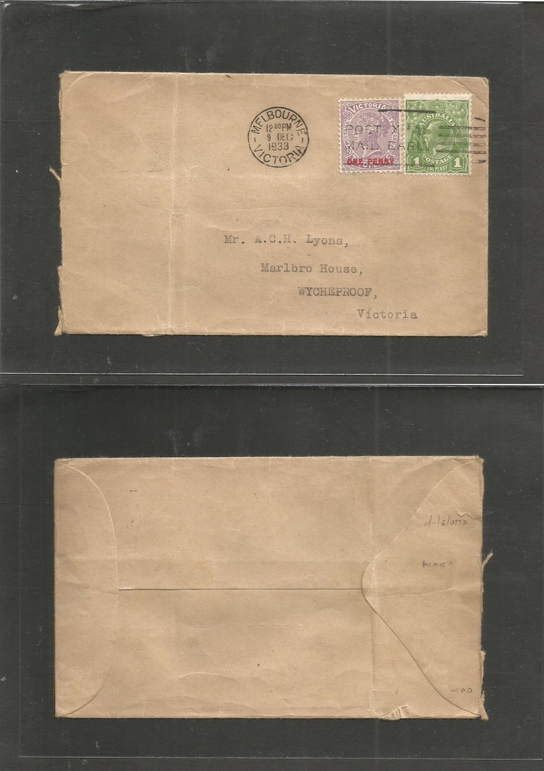 Australia. 1933 (9 Dec) Melbourne, Via - Wycheproof. Mixed Via + Gnal Issue Fkd Env, Rolling Slogan Cachet, At 2d Rate.  - Andere & Zonder Classificatie