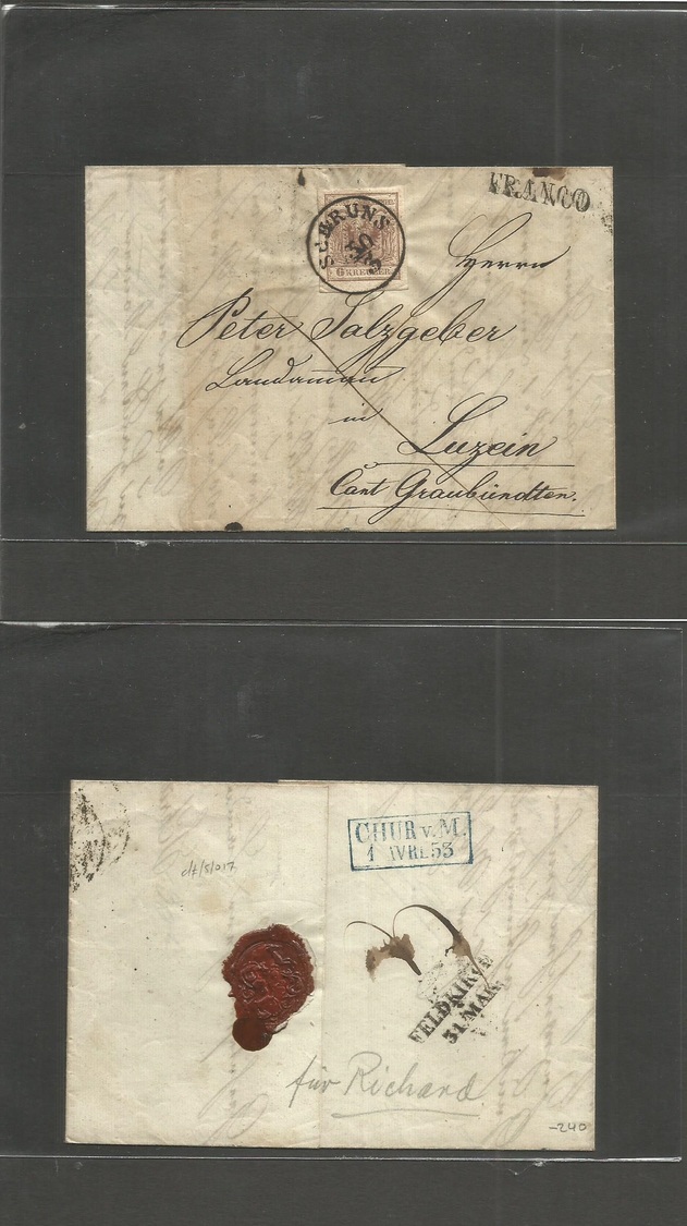 Austria. 1853 (30 March) Schruns - Switzerland, Luzern. Via Felkirch (31 March) Chur (1 April) EL Fkd Single 6 Kr Brown  - Sonstige & Ohne Zuordnung