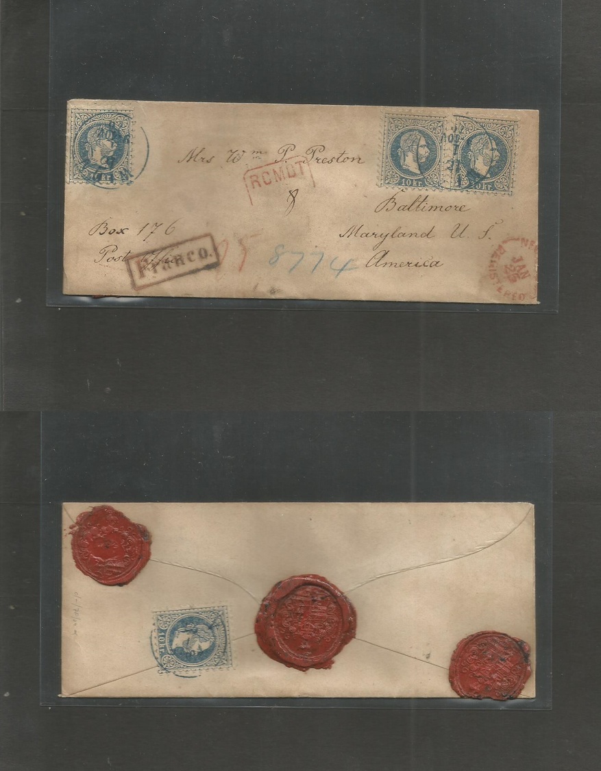 Austria. 1870 (13 Jan) Wien - USA, Baltimore, Maryland. Via NY (Jan 25) Registered Front And Reverse 10kr Blue Coarse Pr - Other & Unclassified
