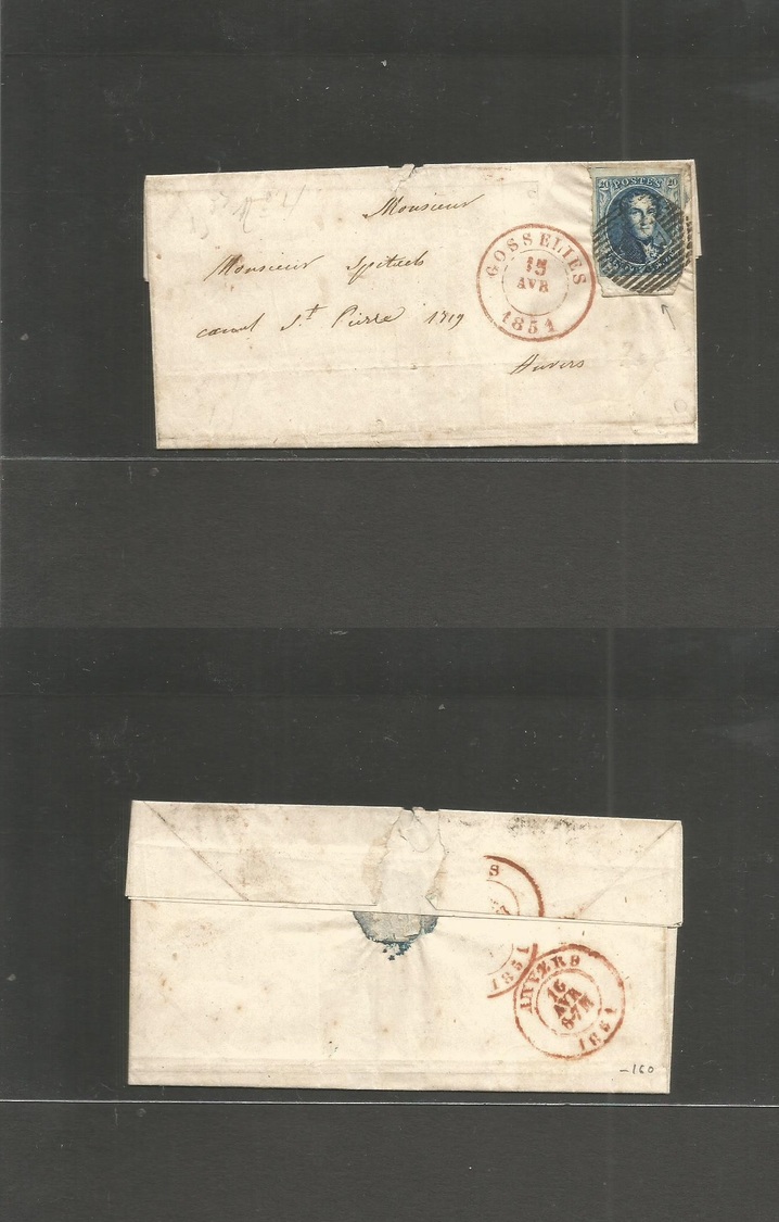 Belgium. 1851 (15 Apr) Gosselies - Anvers (16 Abr) Fkd E. 20c Blue Lower Margin Border Tied Numeral Grill. Appealing Ite - Sonstige & Ohne Zuordnung