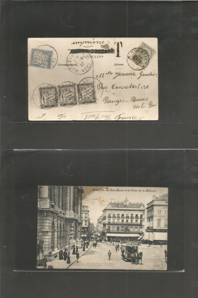 Belgium. 1907 (20 Sept) Bruxelles - France, Ranges - Barres (21 Sept) Fkd Ppc 1c, Taxed + (x4) French Postage Dues Inclu - Autres & Non Classés