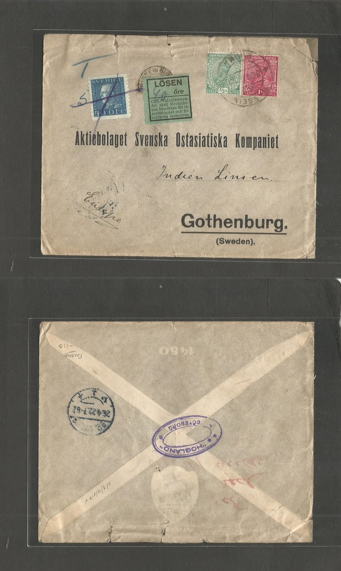 Burma. 1922 (30 March) Basseih - Sweden, Gotheburg (26 April) India Stamps Fkd Env + Taxed "Bassein Due" Cachet - Arriva - Burma (...-1947)