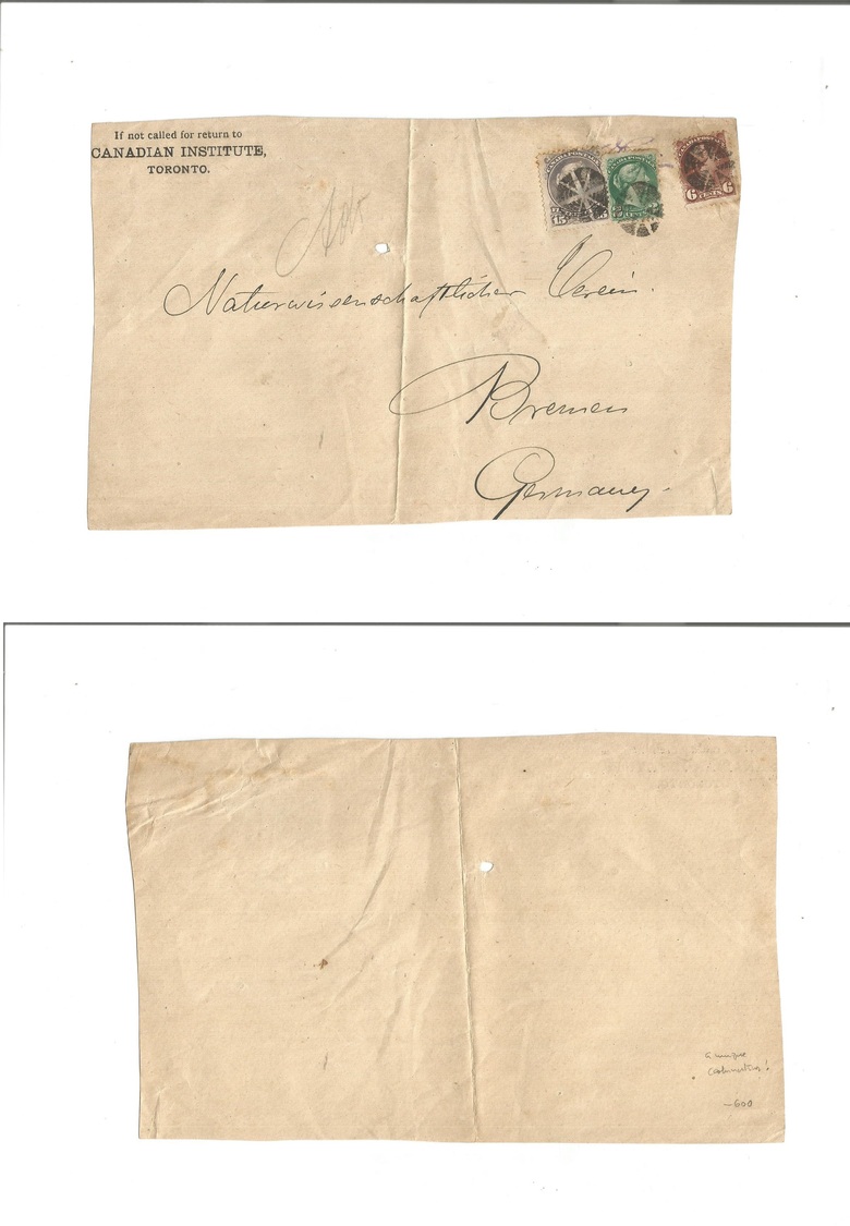 Canada. C. 1880s. Toronto Institute - Germany, Bremen. Registered Cover Front Large Envelope Franked With A Unique(?) Mi - Autres & Non Classés
