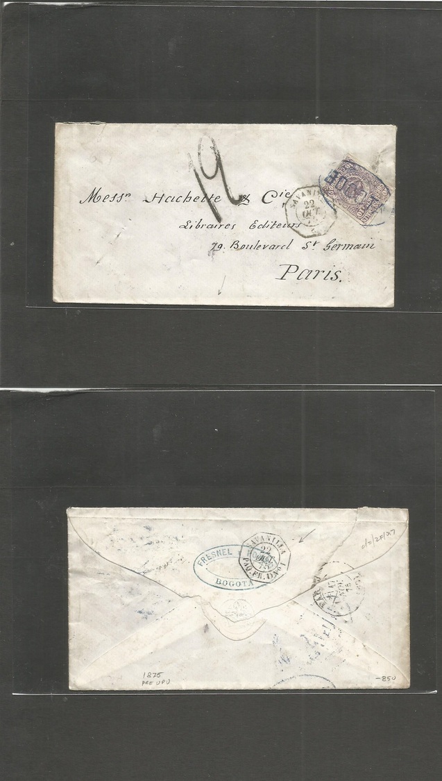 Colombia. 1875 (22 Oct) Bogota - France, Paris (17 Nov) Complete Envelope Fkd 10c Lilac Correos Nacionales, Oval Blue "B - Colombie