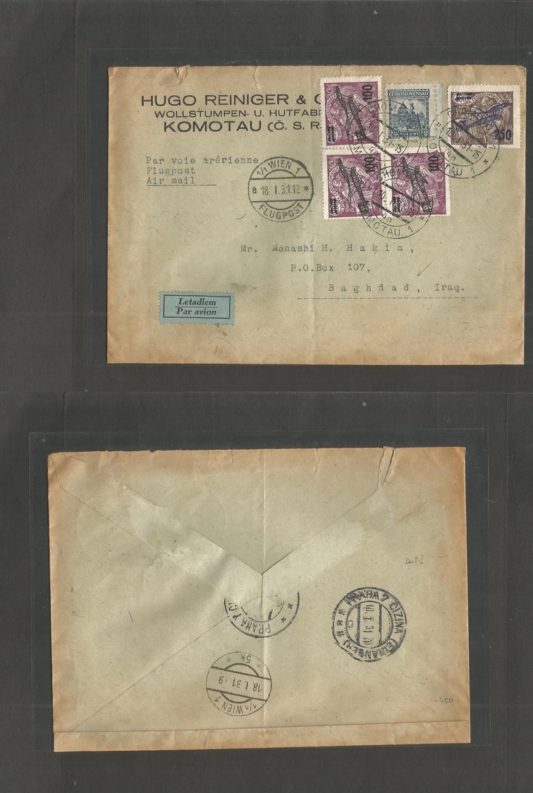 Czechoslovakia. 1931 (10 Jan) Komotau - Iraq, Baghdad. Via Wien (18 Jan) Air Multifkd Envelope Better Air Stamps Ovptd T - Autres & Non Classés