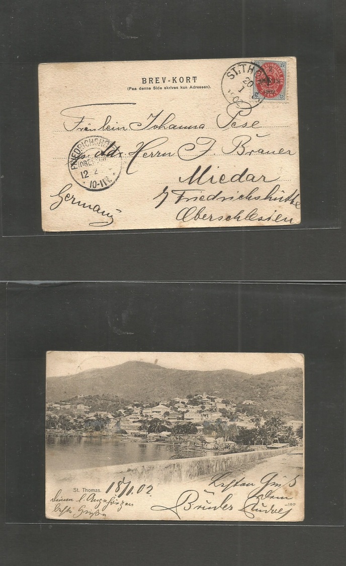 D.W.I.. 1902 (20 Jan) St. Thomas - Germany, Miedar, Friedrichshütte (12 Feb) Ovptd Issue Single Fkd View Card Ppc. VF. - Antilles