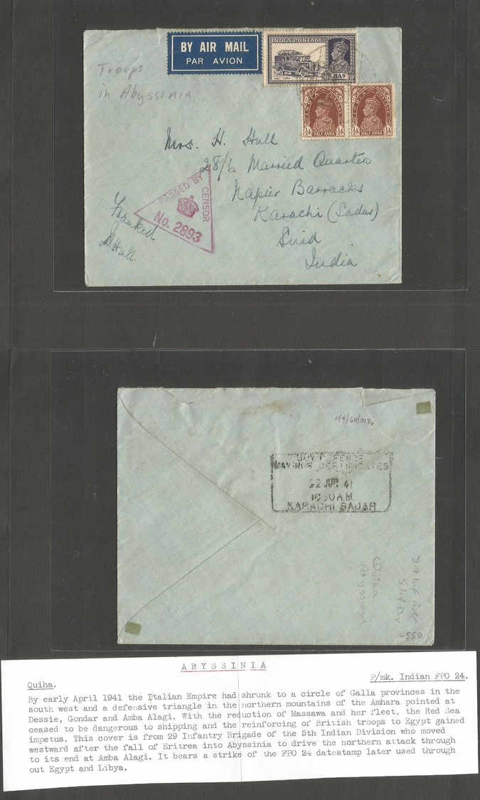Ethiopia. 1941 (June) WWII. India Troops. Quina - Karachi. India (22 June) Air Fkd + Censored Envelope. Encl Of Italian  - Ethiopie