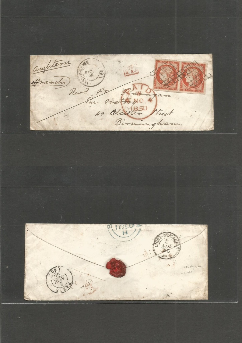 France. 1850 (2 Nov) Issy S. Seine - UK, Birmingham, Kent. Via London (4 Nov) Small Envelope Fkd 1849-50 Ceres 40c Orang - Autres & Non Classés