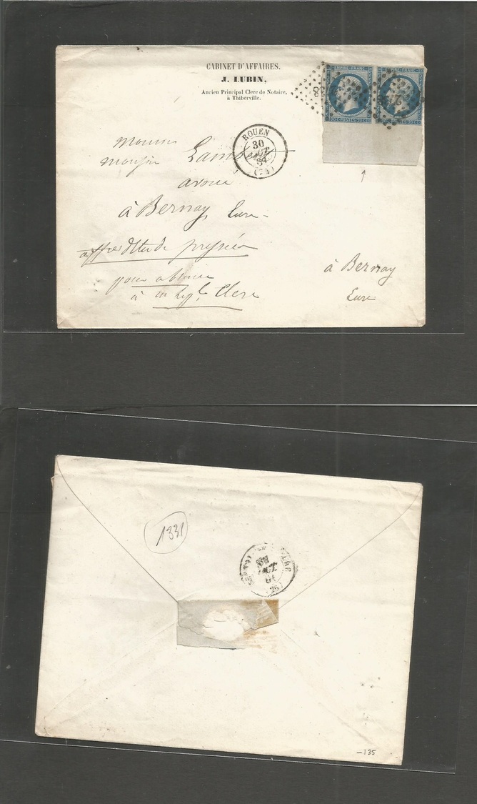 France. 1861 (30 Aug) Rouen - Benay, Eure. Fkd Env 20c Empire Intense Blue Long Pair. Border Of Sheet Tied "2738" Dots O - Autres & Non Classés