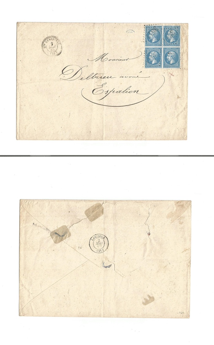 France. 1862-3- St. Genevisze - Esfralion. Fkd Env 20c. Empire Perf Napoleon Block Of Four, Tied 3611. Signed Admin. Rev - Autres & Non Classés