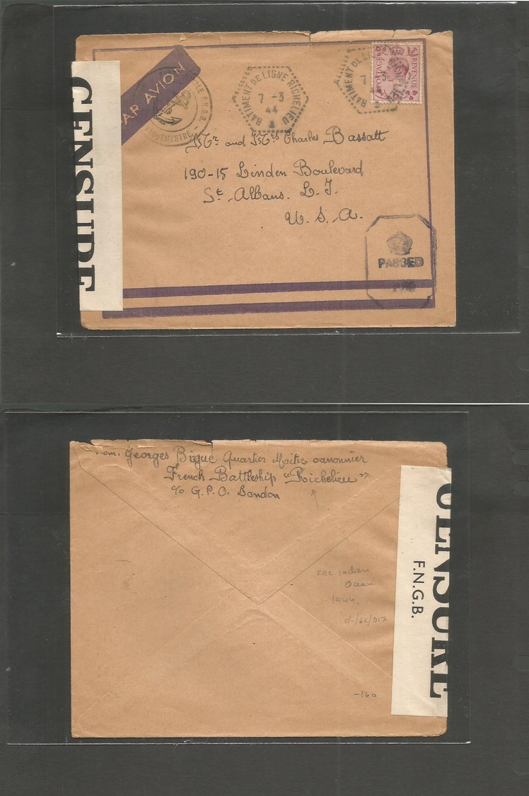 Frc - Indian Ocean. 1944 (7 March) Ligne Richelieu. Fine France GB Fkd Airmail Env To USA, St Albans, Long Island + Cens - Autres & Non Classés