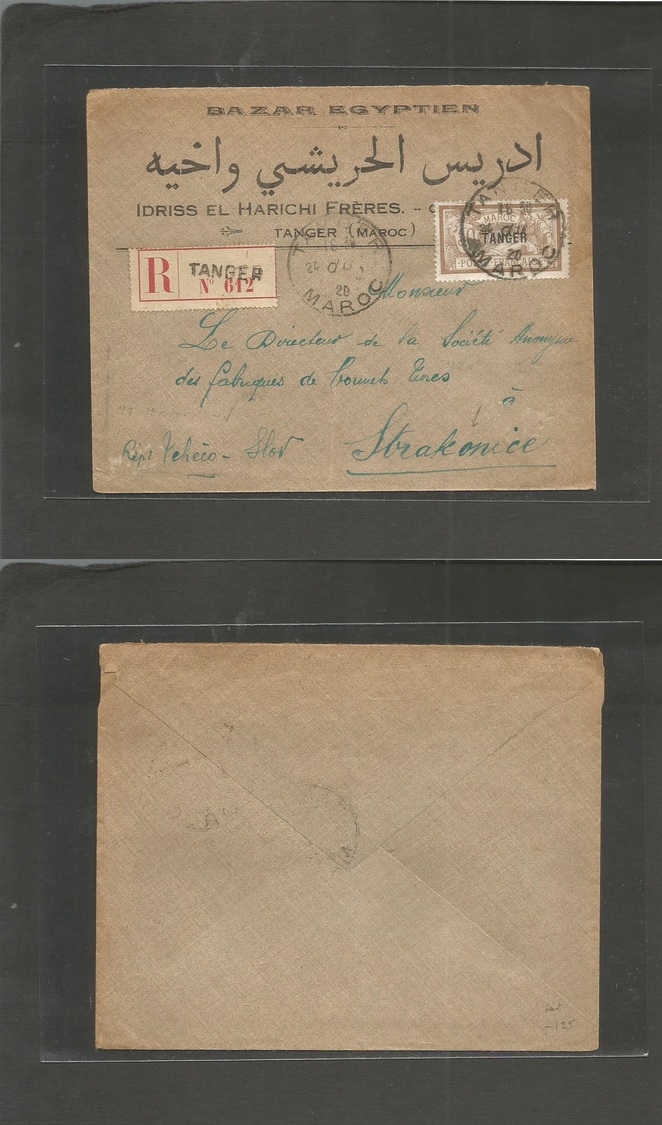 Marruecos - French. 1920 (24 Aug) French PO Tangier - Czechoslovakia, Strabonice. Registered Single 50c Ovptd Stamp. Bil - Autres & Non Classés