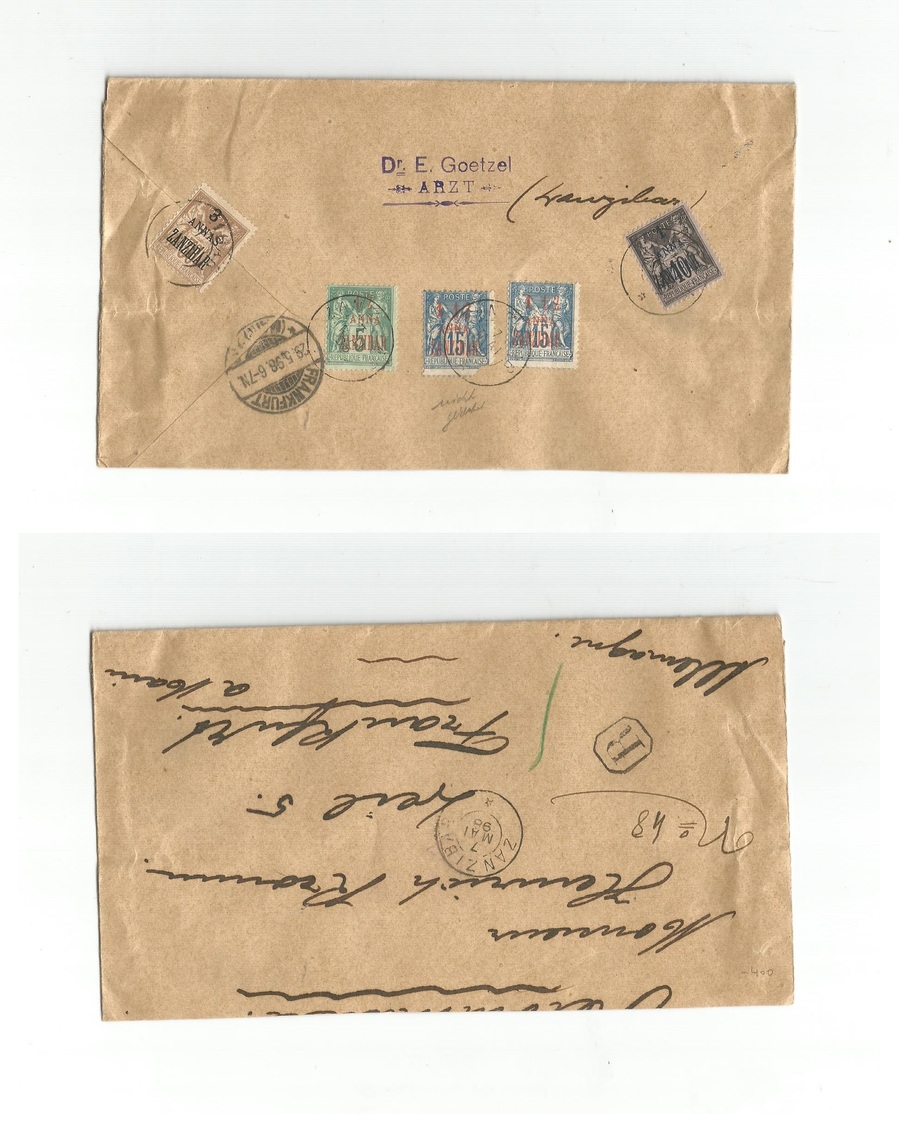 Frc - Zanzibar. 1898 (7 May) GPO - Germany, Frankfurt (29 May) Registered Reverse Multifkd Sage Ovptd Issue Envelope Inc - Autres & Non Classés