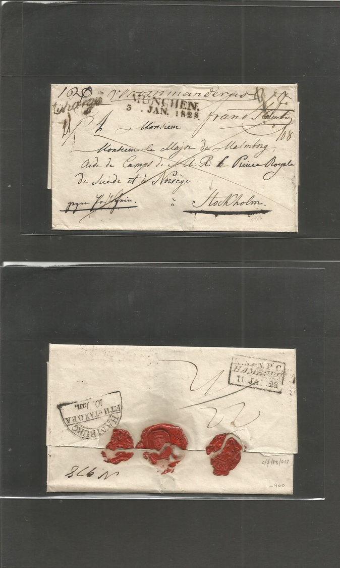 Germany Stampless. 1828 (3 Jan) Munich - Sweden, Stockholm. Via Hmburg. T&T + Royal Danish PO (10 + 11 Jan) Exchange Off - Autres & Non Classés